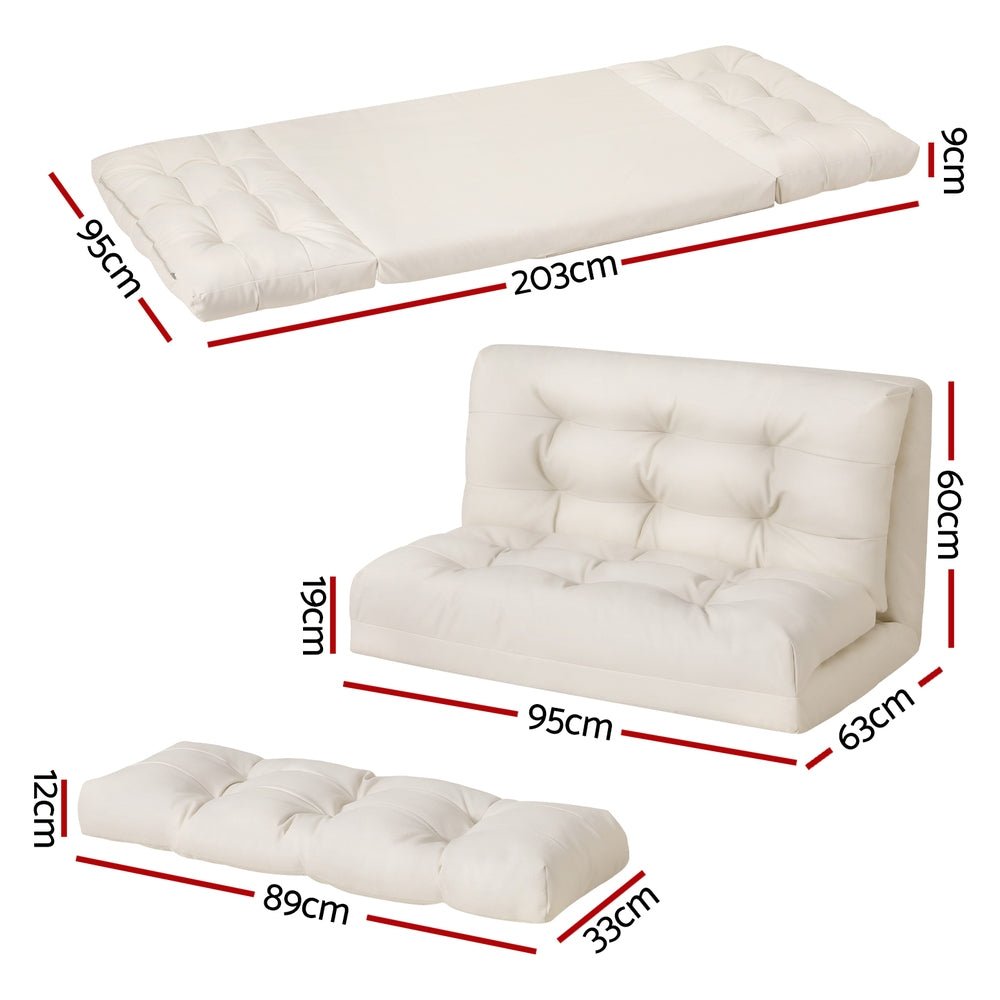 2-Seater Leather Floor Lounge Sofa Bed with Pillows - White - Perfect for Small Spaces, Guest Rooms & Cozy Living Areas