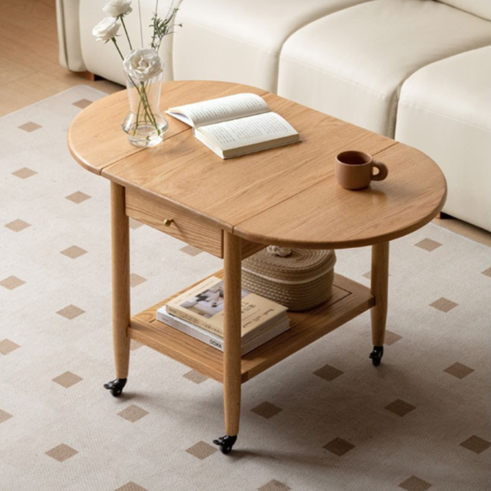 Solid Oak Wood Small Folding Coffee Table - Compact Side Table for Living Room, Bedroom, Balcony & Small Spaces