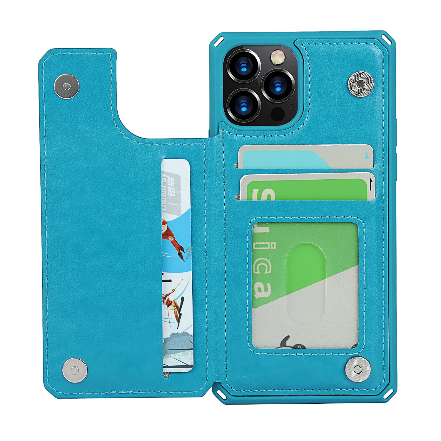 Premium PU Leather iPhone 12/12 Pro Wallet Case with Card Holder & Kickstand - Shockproof Protective Cover with Wrist Strap for Men & Women (Blue) - Perfect for Everyday Use, Travel & Hands-Free Convenience