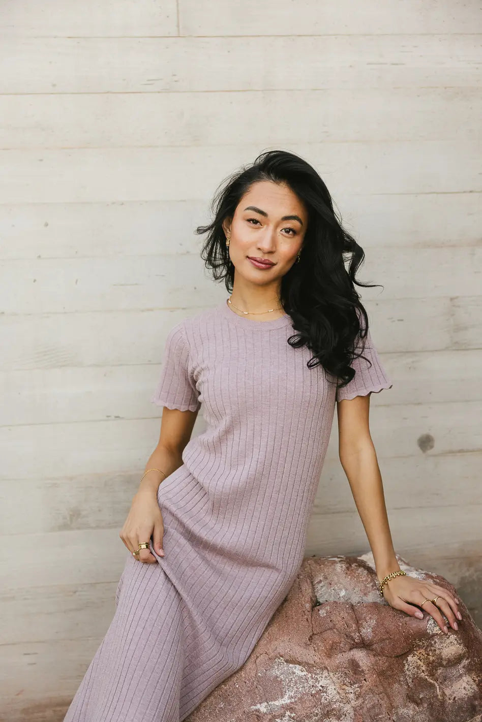 Emmie Ribbed Midi Dress in Lavender | Women's Stretchy Bodycon Dress with Long Sleeves | Perfect for Date Night, Office Wear & Fall Outfits | FINAL SALE