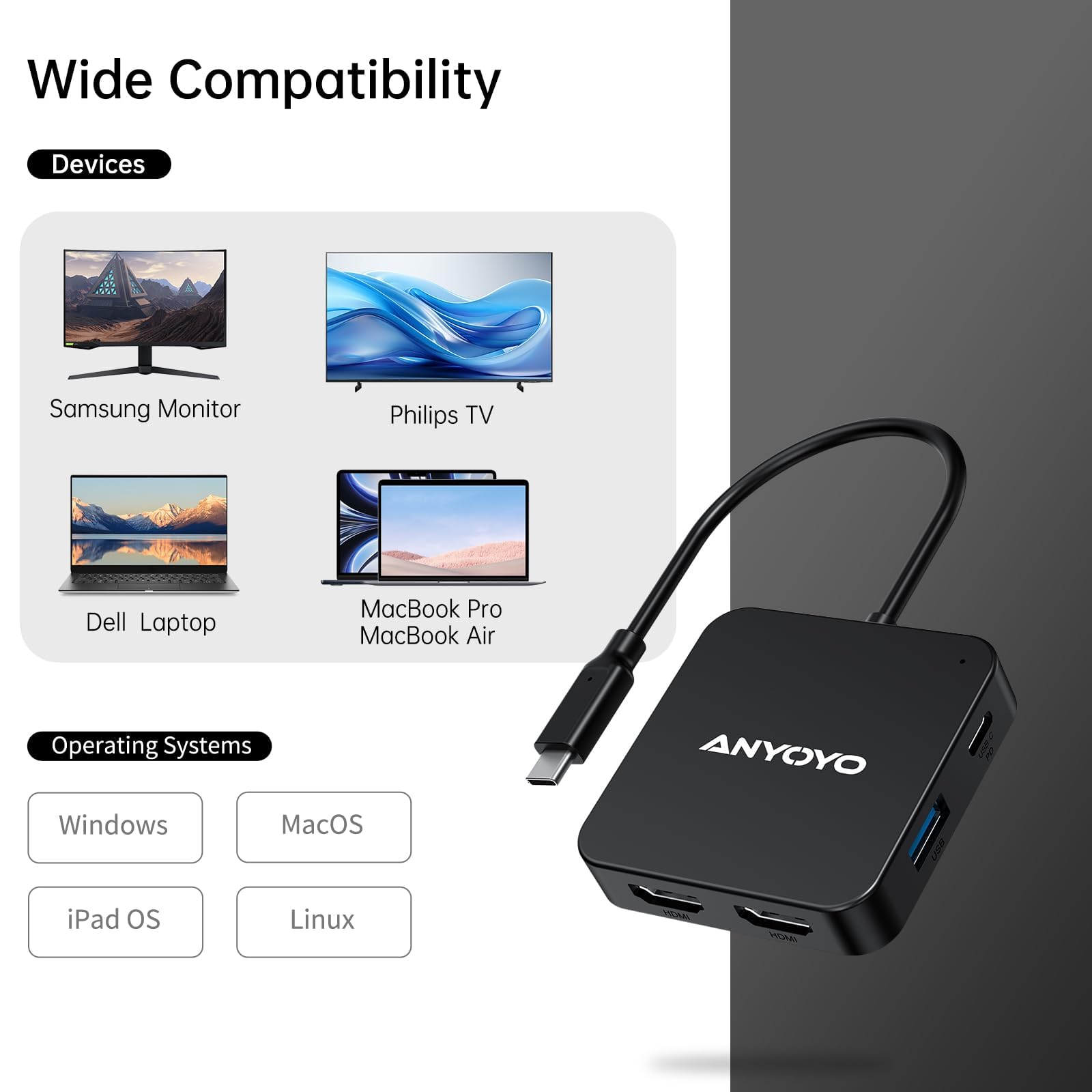 USB C Hub Dual HDMI Adapter - 4K Dual Monitor USB C Dock with 100W PD Charging, 3x USB 3.0 Ports, USB C Port - MacBook Pro/Air Accessories for Home Office & Gaming Setup
