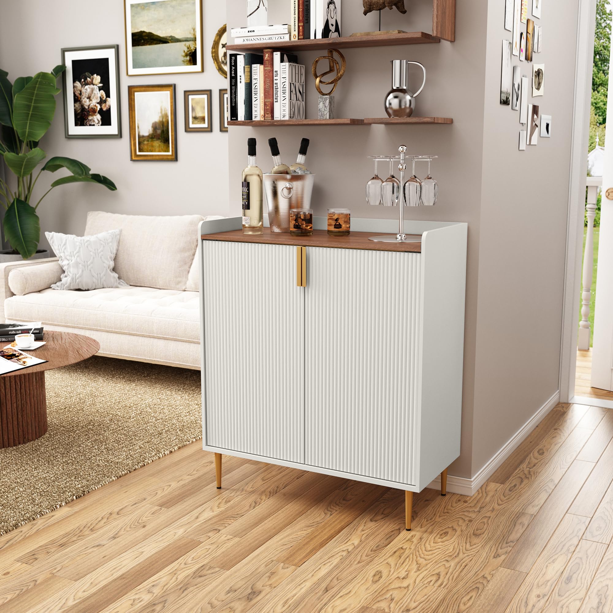 Modern White Wine Bar Cabinet with Fluted Texture - Freestanding Kitchen Buffet Sideboard with Wine Rack & Glass Holder for Dining Room, Living Room | Perfect for Home Entertaining, Wine Storage & Stylish Kitchen Organization