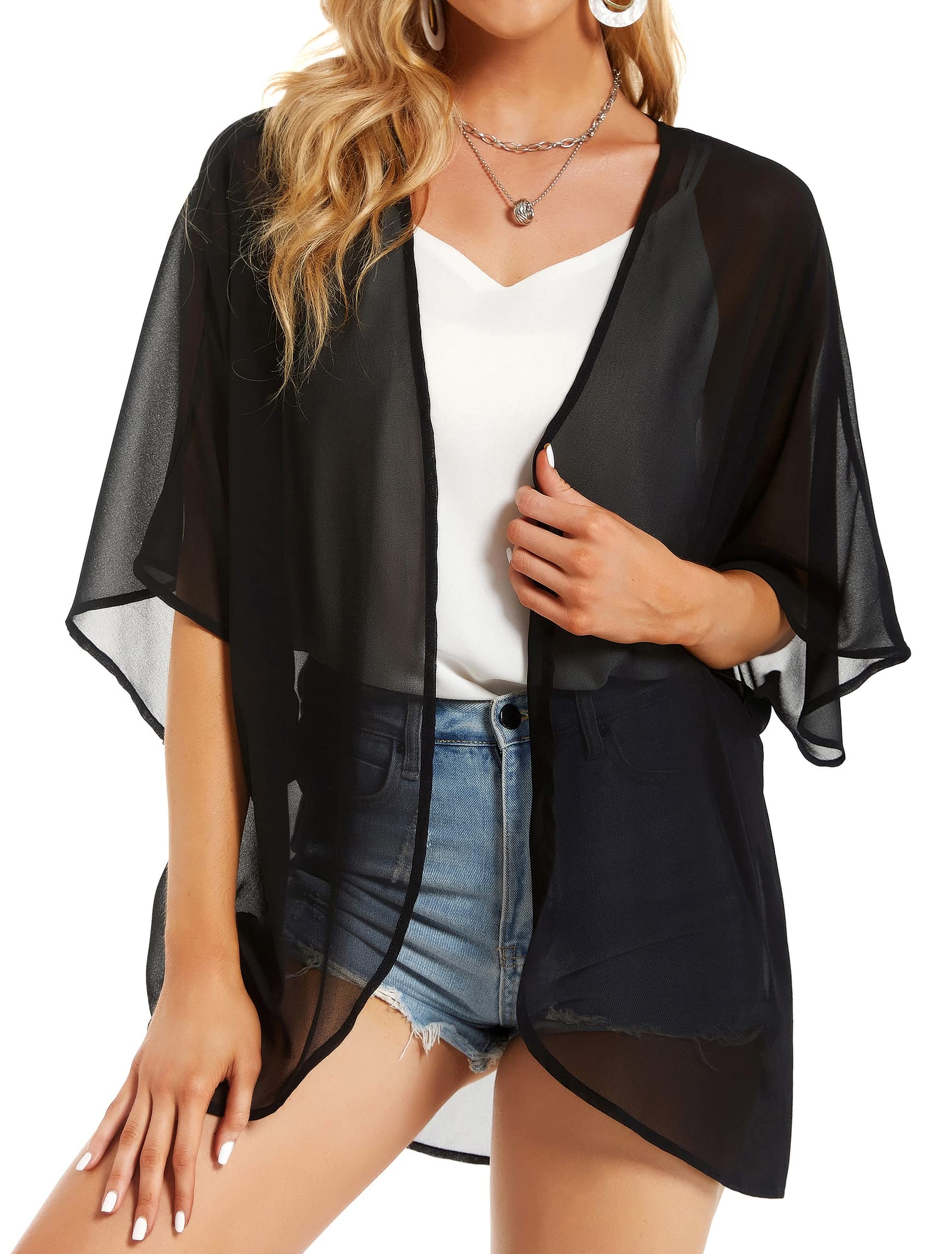 Women's Floral Chiffon Kimono Beach Cover Up - Lightweight Cardigan & Loose Cape Top for Summer, Swimwear, Vacation & Boho Fashion