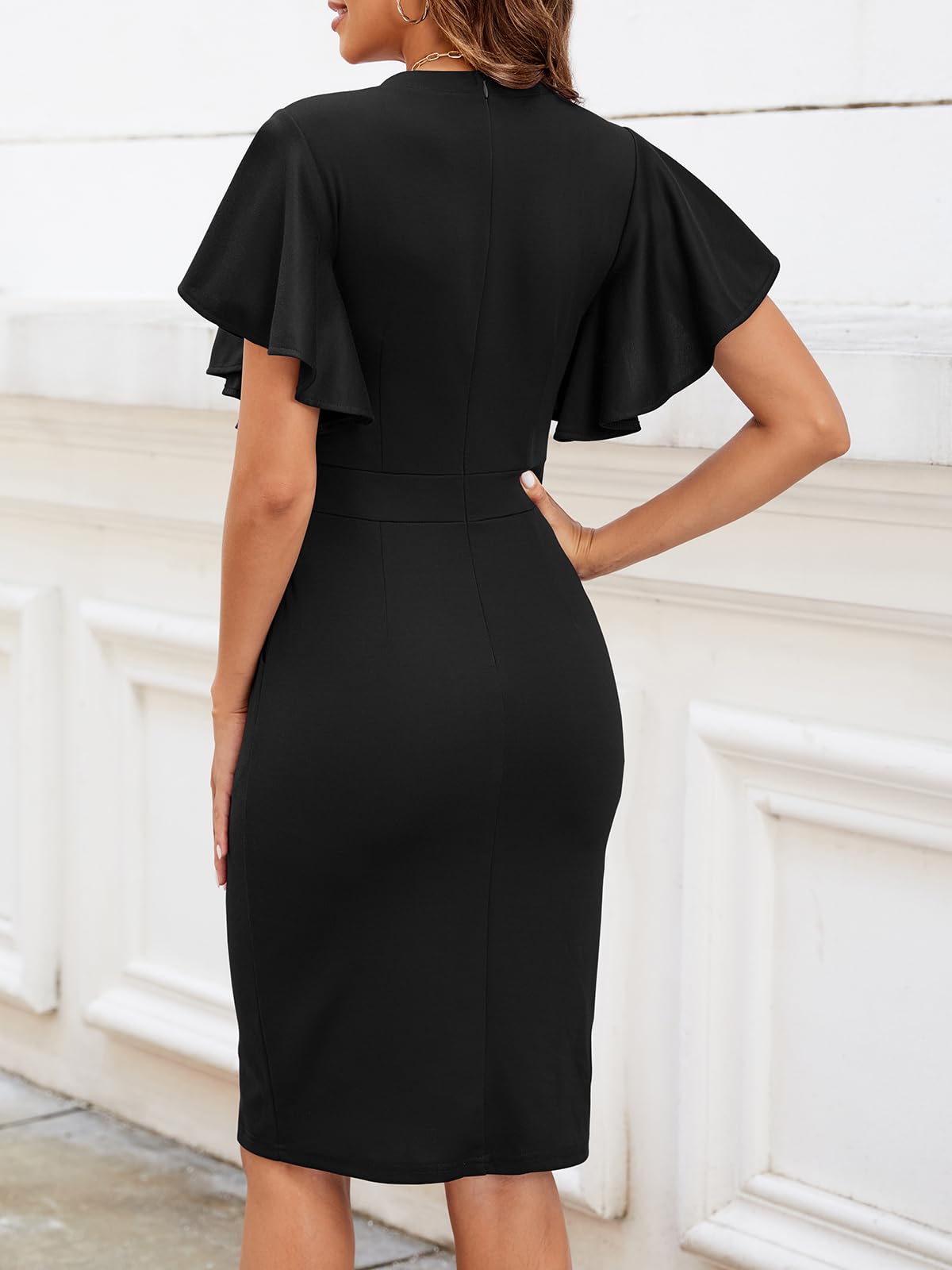Mokayee Women's Short Sleeve V-Neck Business Casual Dress with Pockets - Semi Formal Office Work & Wedding Guest Attire for Summer