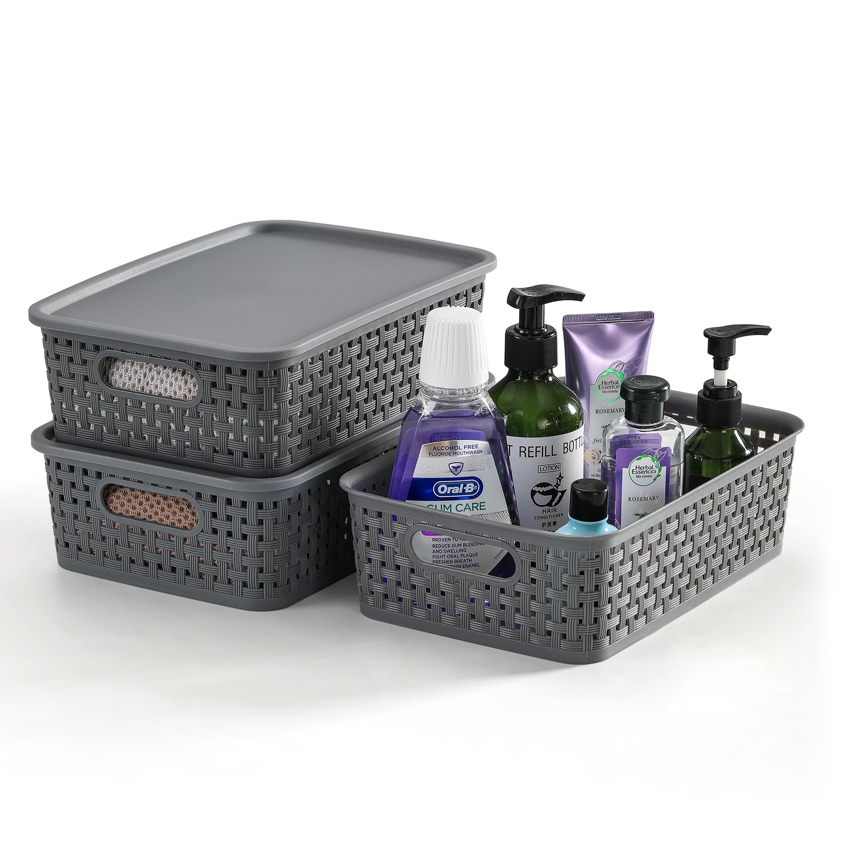 12 Pack Plastic Storage Baskets with Lids - Stackable Small Pantry Organizer Bins for Kitchen Cabinets, Countertops, Drawers & Shelves - Perfect for Bathroom Under Sink Storage & Home Organization (Gray)