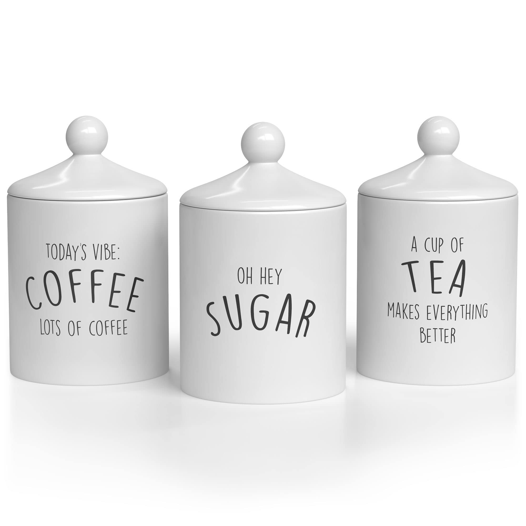 Barnyard Designs Ceramic Kitchen Canister Set – Farmhouse Style Coffee, Tea & Sugar Storage Containers, Rustic Countertop Jars for Kitchen Organization (White, 3-Piece Set) – Perfect for Coffee Stations, Pantry Storage & Farmhouse Decor