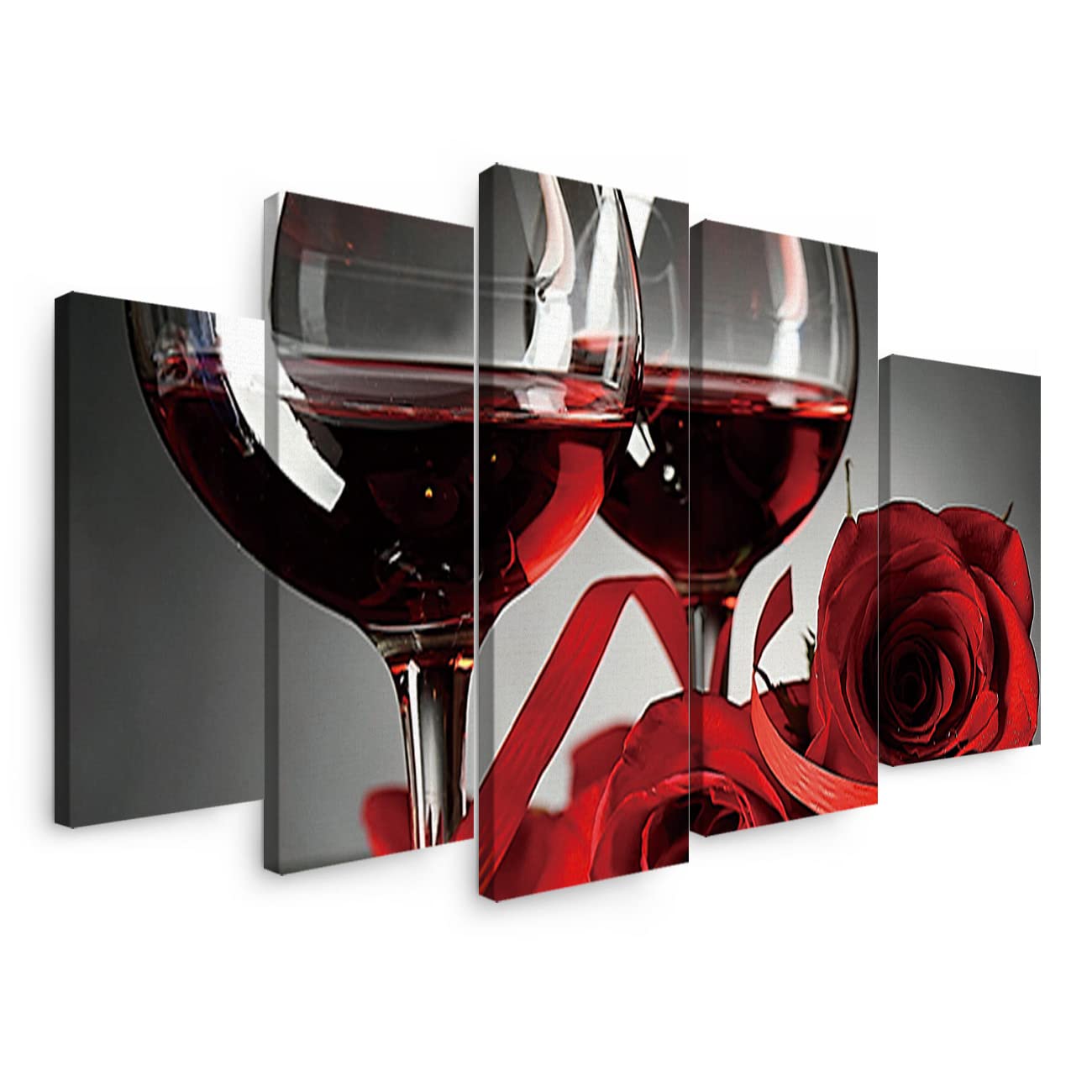 5 Panels Canvas Wall Art - Red Rose and Wine Romantic Lovers Decor Print, Stretched Wooden Frame Ready to Hang - Perfect for Bedroom, Living Room, Dining Room & Office Wall Decor