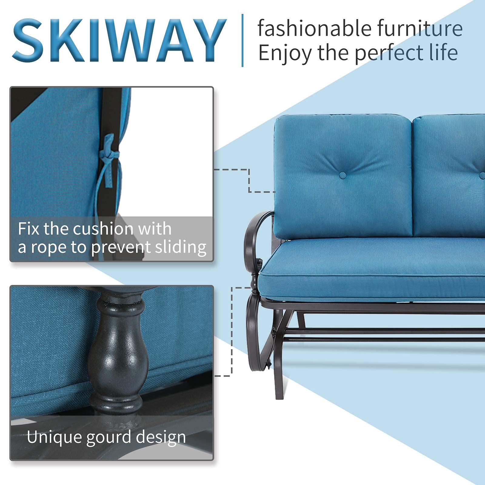 Outdoor Patio Bench Glider Swing - Steel Frame Rocking Loveseat with Thick Cushions (Peacock Blue) - Perfect for Porch, Garden & Backyard Relaxation