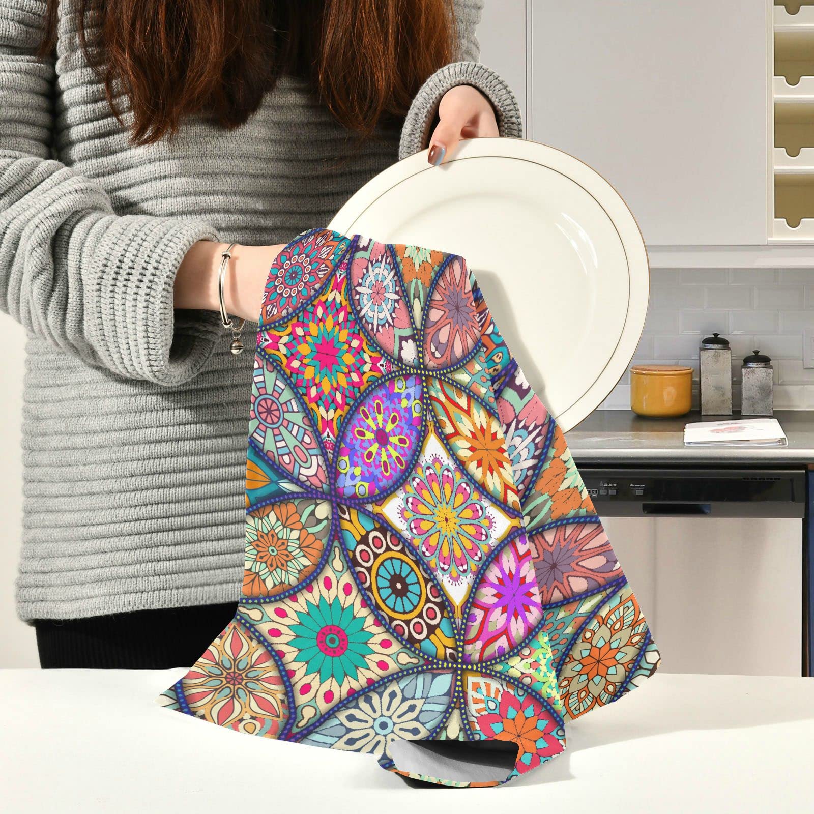 6Pcs Boho Mandala Cotton Kitchen Dish Towel Set - Fast Drying, Absorbent Dishcloths for Cooking, Baking & Cleaning - Native American Style Tea Towels Gift Set for Home, Restaurant & Housewarming