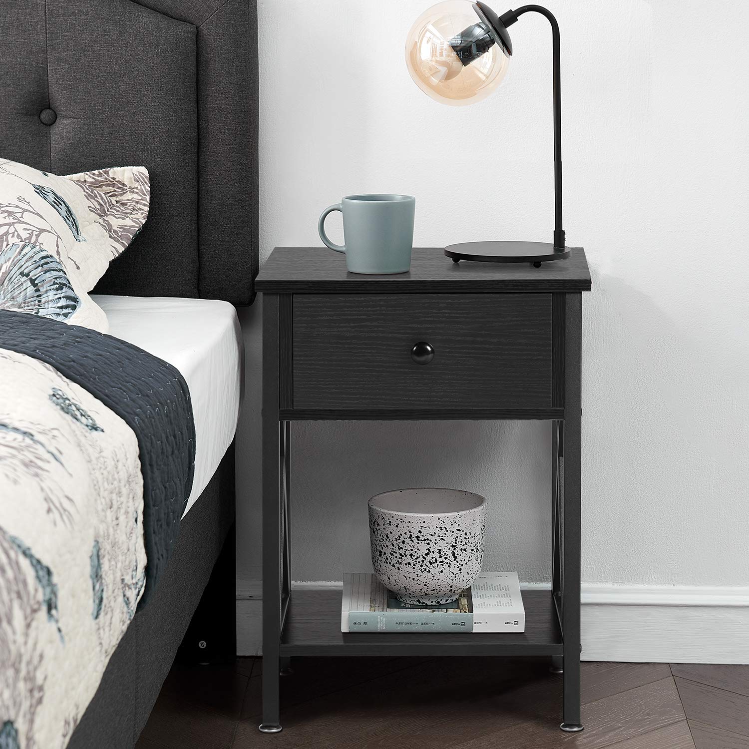 Rustic Nightstand with Drawer Storage - VECELO Classic Black Bedside End Table for Bedroom | Perfect for Small Spaces, Apartment Living & Guest Rooms
