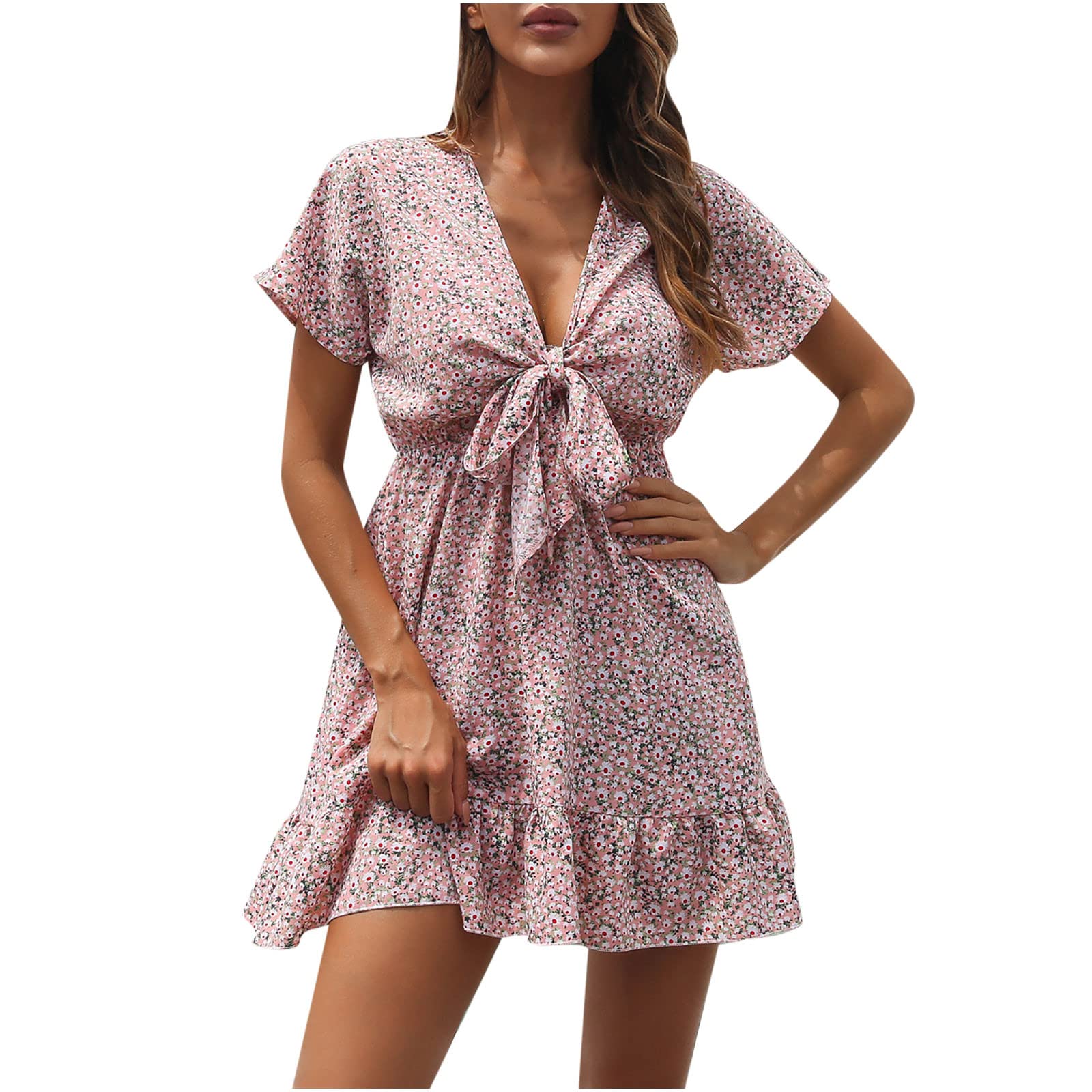 PATLOLLAV Women's Sexy V-Neck Ruffle Floral Print Mini Dress with Front Knot - Short Sleeve Summer Party & Casual Dress for Date Night, Club Wear, and Beach Outfits