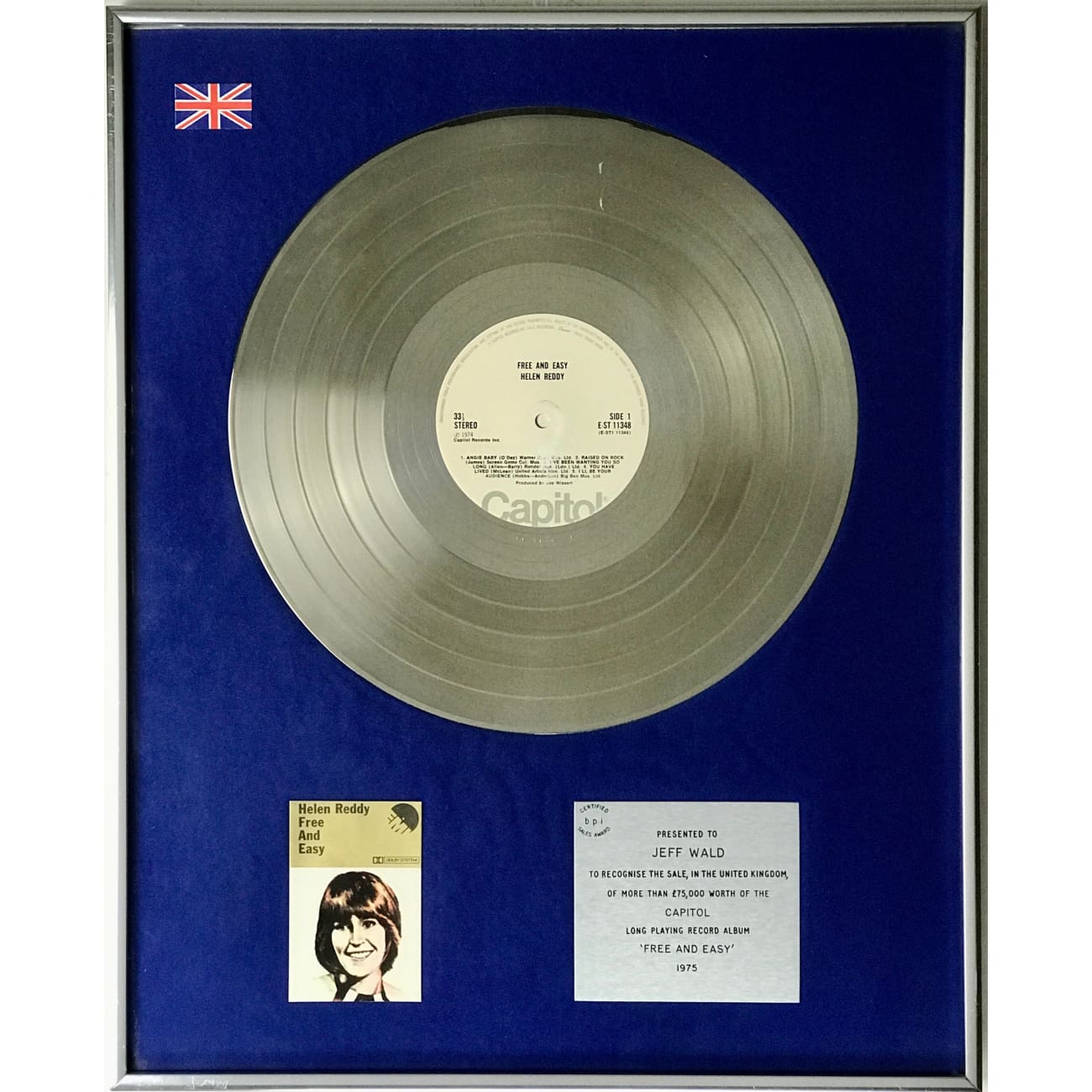 Helen Reddy Free And Easy BPI 1975 Silver LP Award - Rare Vintage Vinyl Record for Collectors & Music Enthusiasts - Perfect for Home Decor, Gifts & Retro Music Lovers