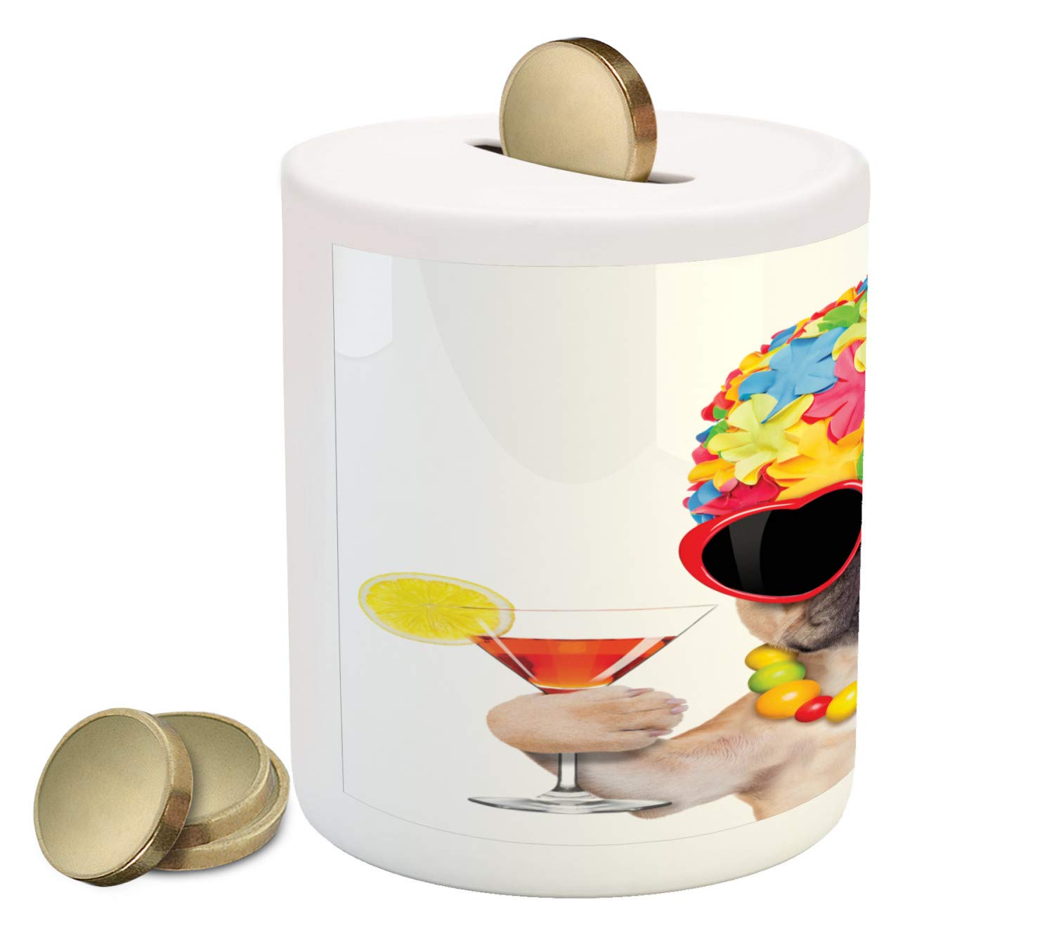 Ambesonne Ceramic Piggy Bank - Tropical Vacation Themed with Dog, Flip Flops, Sunglasses & Cocktail Design - Colorful Money Box for Cash Savings | Perfect Gift for Pet Lovers, Home Decor & Coin Collectors