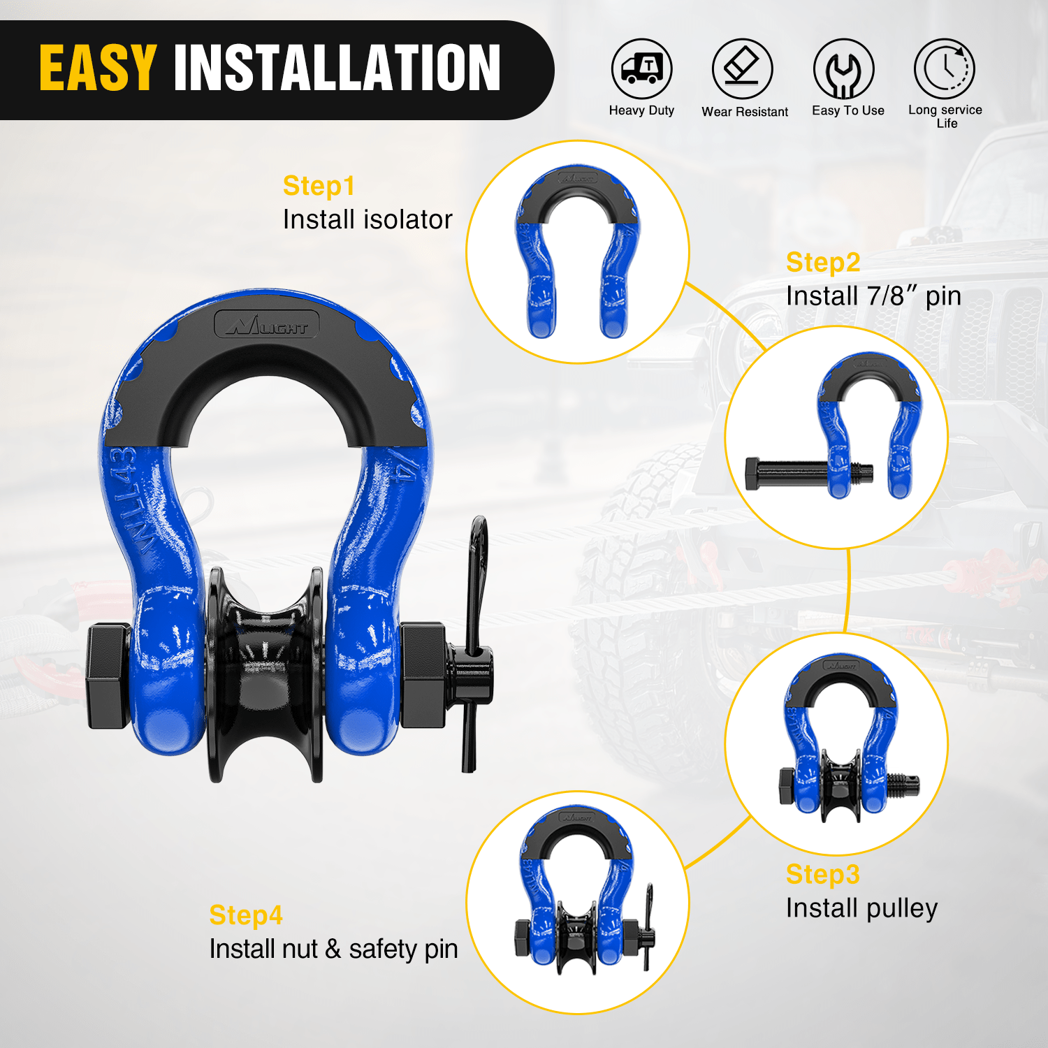 3/4 Inch D Ring Shackle with Towing Pulley - Heavy Duty Blue Off-Road Recovery Gear (Pair) - Perfect for Jeep, Truck & ATV Winching & Towing Accessories