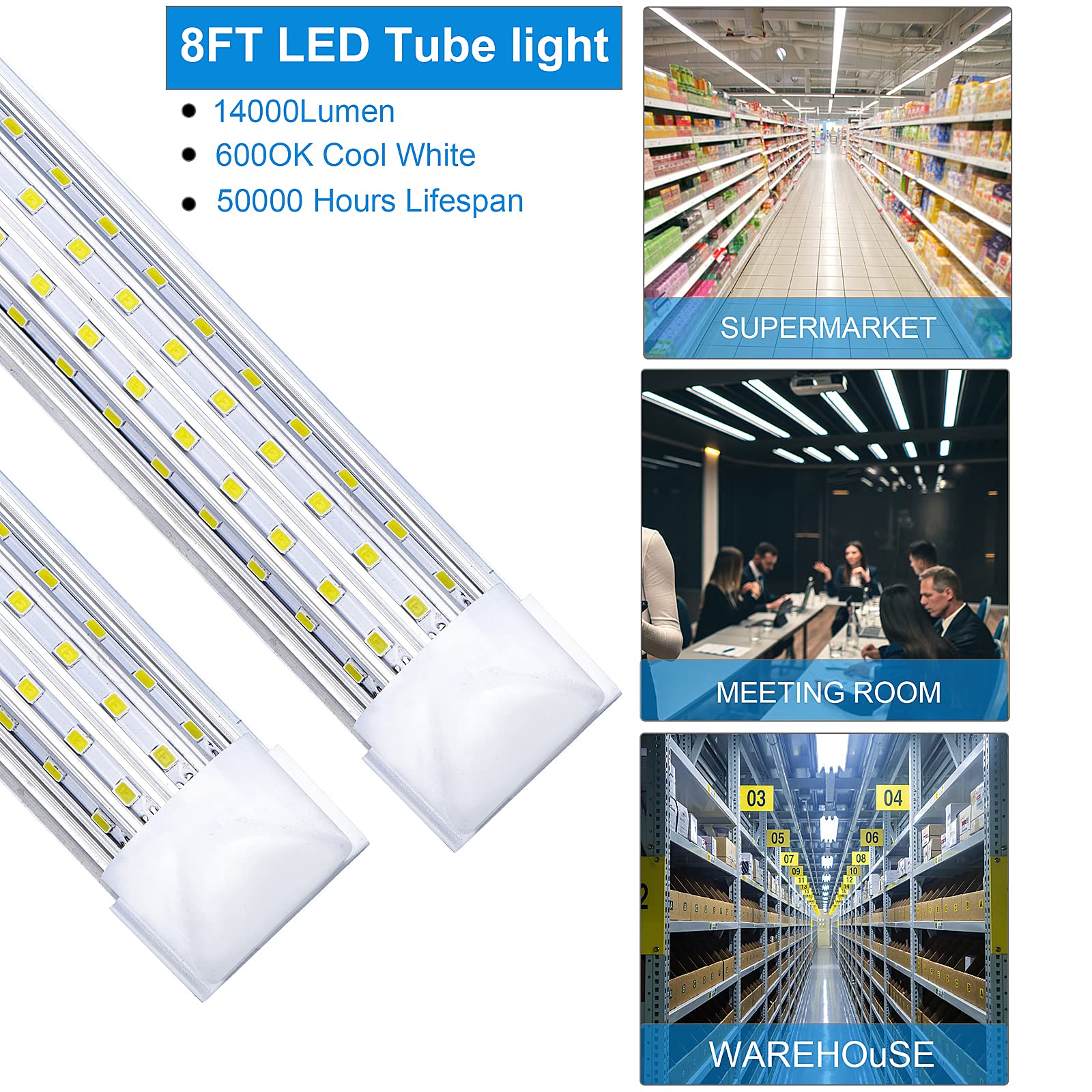 6-Pack 8FT LED Shop Lights, 144W 14500LM 5000K Daylight White, U-Shaped Clear Cover Linkable T8 Tube Lights - High Output Garage Lighting for Workshops, Warehouses & Commercial Spaces