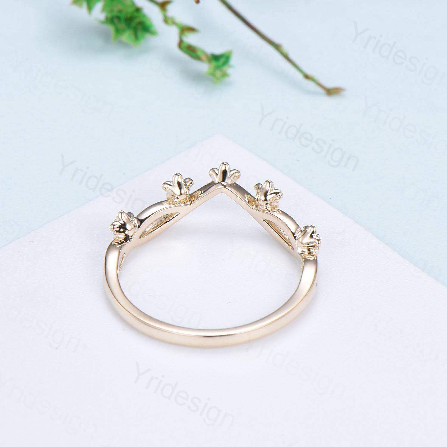 14K Yellow Gold Moissanite Wedding Band with Floral Evil Eye Design - Unique Stackable Diamond Ring for Women - Perfect Anniversary Gift for Her, Bridal Jewelry, Engagement Ring Stack, Wedding Stacking Band for Special Occasions