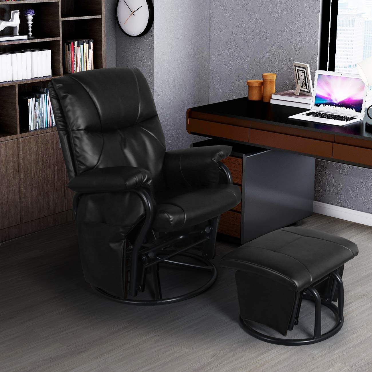 360° Swivel Glider Chair with Ottoman - PU Leather Rocking Recliner Lounge Chair Set for Living Room, Nursery & Patio (Black) - Comfortable Sliding Armchair for Relaxation & Nursing