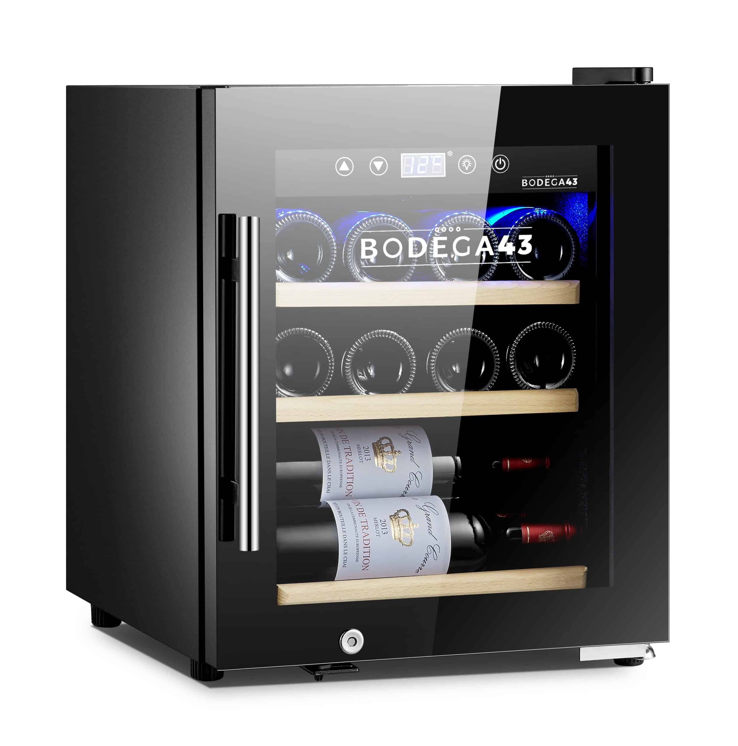 BODEGA43-12C 12 Bottle Wine Cooler Refrigerator - 33L Capacity, 5-20°C Temperature Range, Single Zone, Ultra Quiet 41dB, Compressor Cooling System with 3 Beechwood Shelves - Perfect for Home Bars, Kitchen Countertops, and Small Spaces