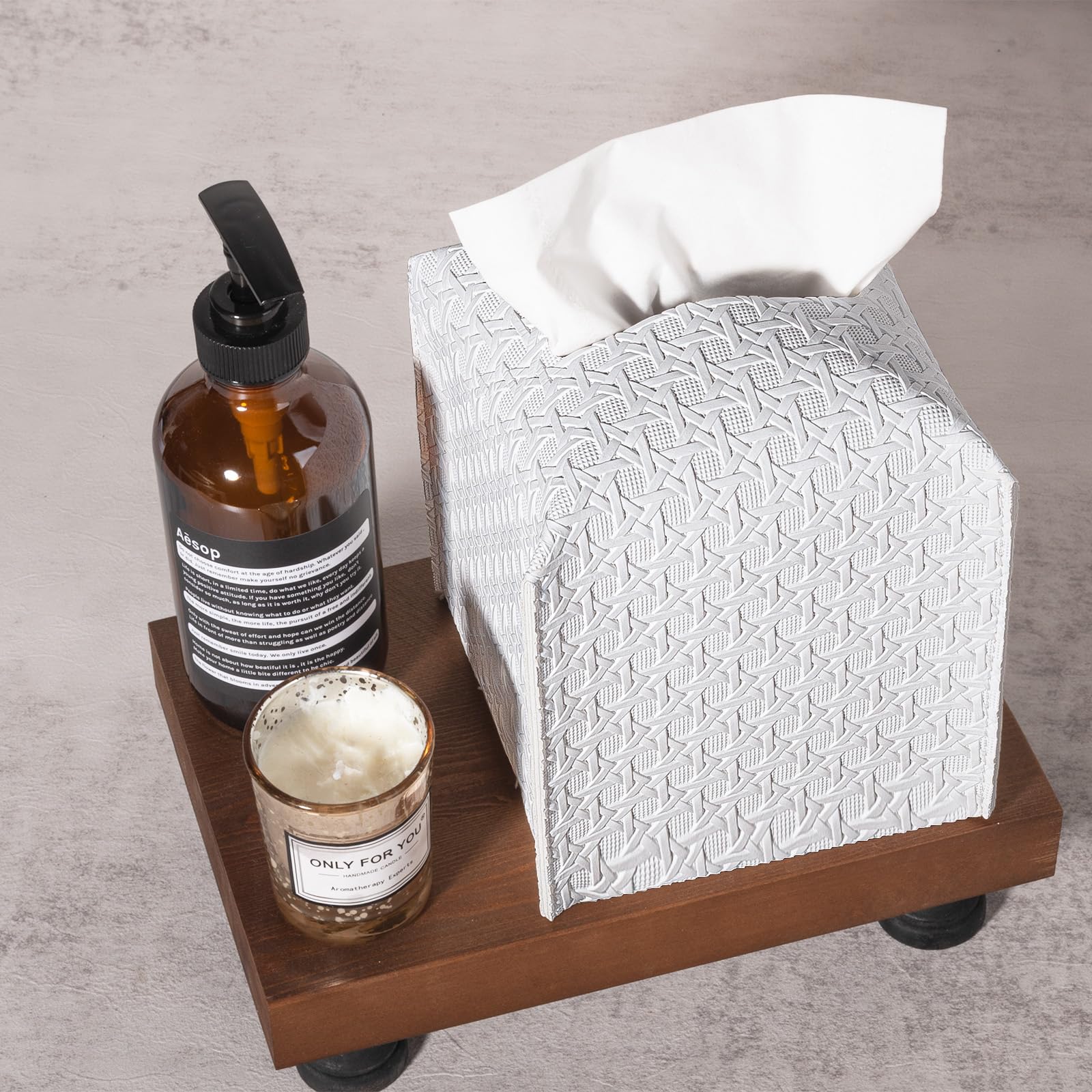 Premium PU Leather Tissue Box Cover - Square Facial Tissue Holder & Organizer for Bathroom, Dresser, Desk & Car - White | Elegant Home & Office Decor