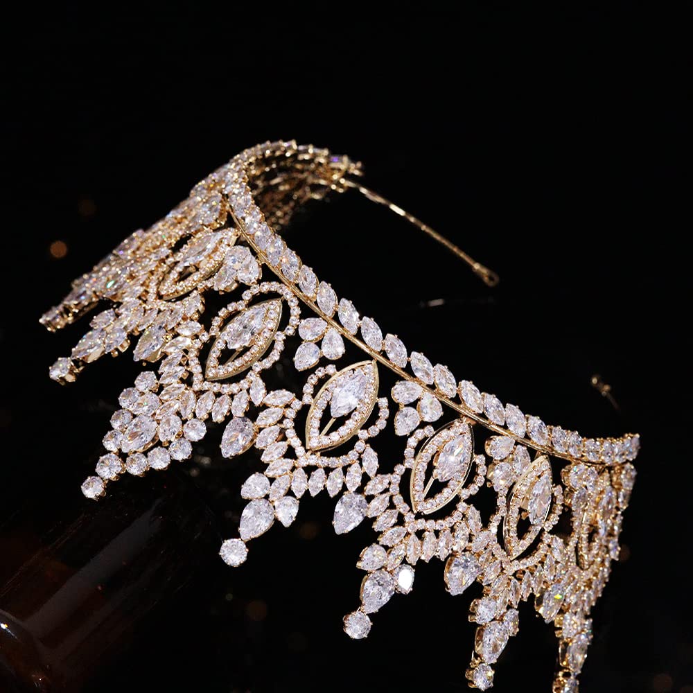 Luxury Cubic Zirconia Wedding Crown for Women - Gold Bridal Tiara with CZ Stones for Quinceañera, Pageant & Special Occasions | Elegant Hair Accessory for Brides, Prom & Formal Events