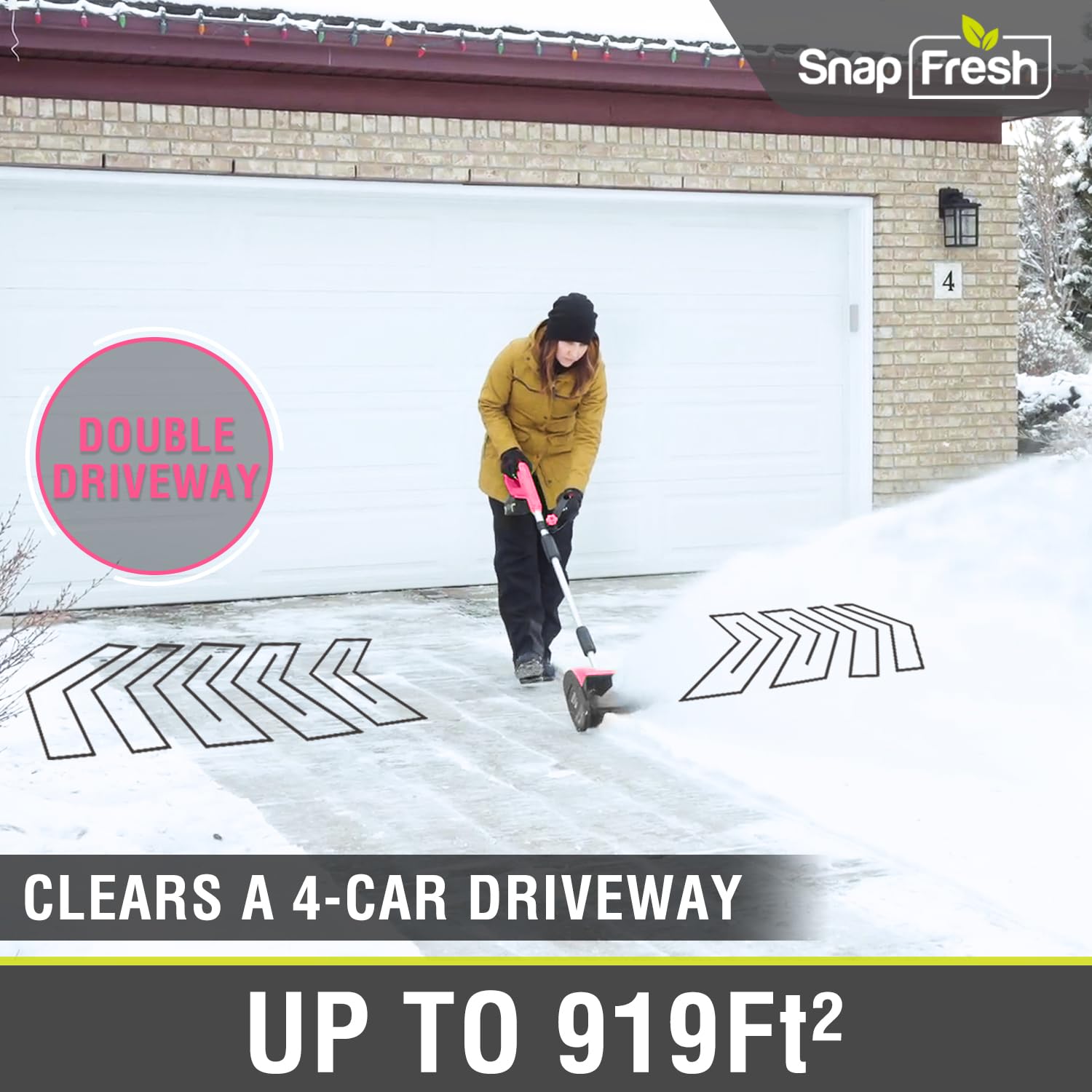 SnapFresh 20V Cordless Snow Shovel - 12 Inch Electric Snow Removal Tool with 4000mAh Rechargeable Battery & Fast Charger (Pink) - Perfect for Driveways, Sidewalks & Small Areas