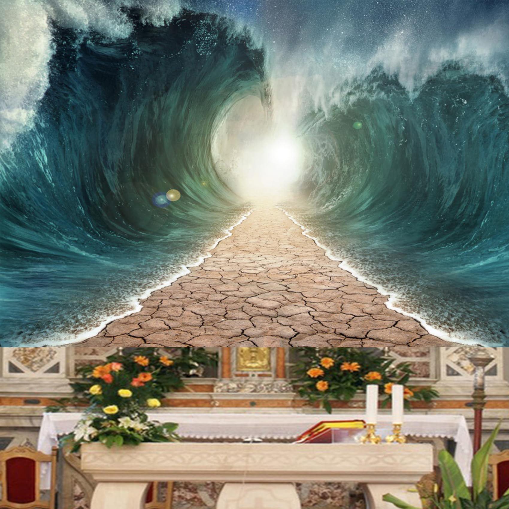 Baocicco 22x10ft Moses Divided Sea Pathway Photography Backdrop - Religious Background for Judaism, Catholic & Christian Churches - Perfect for Easter, Holy Day Festivals, Portrait Studio & Religious Events