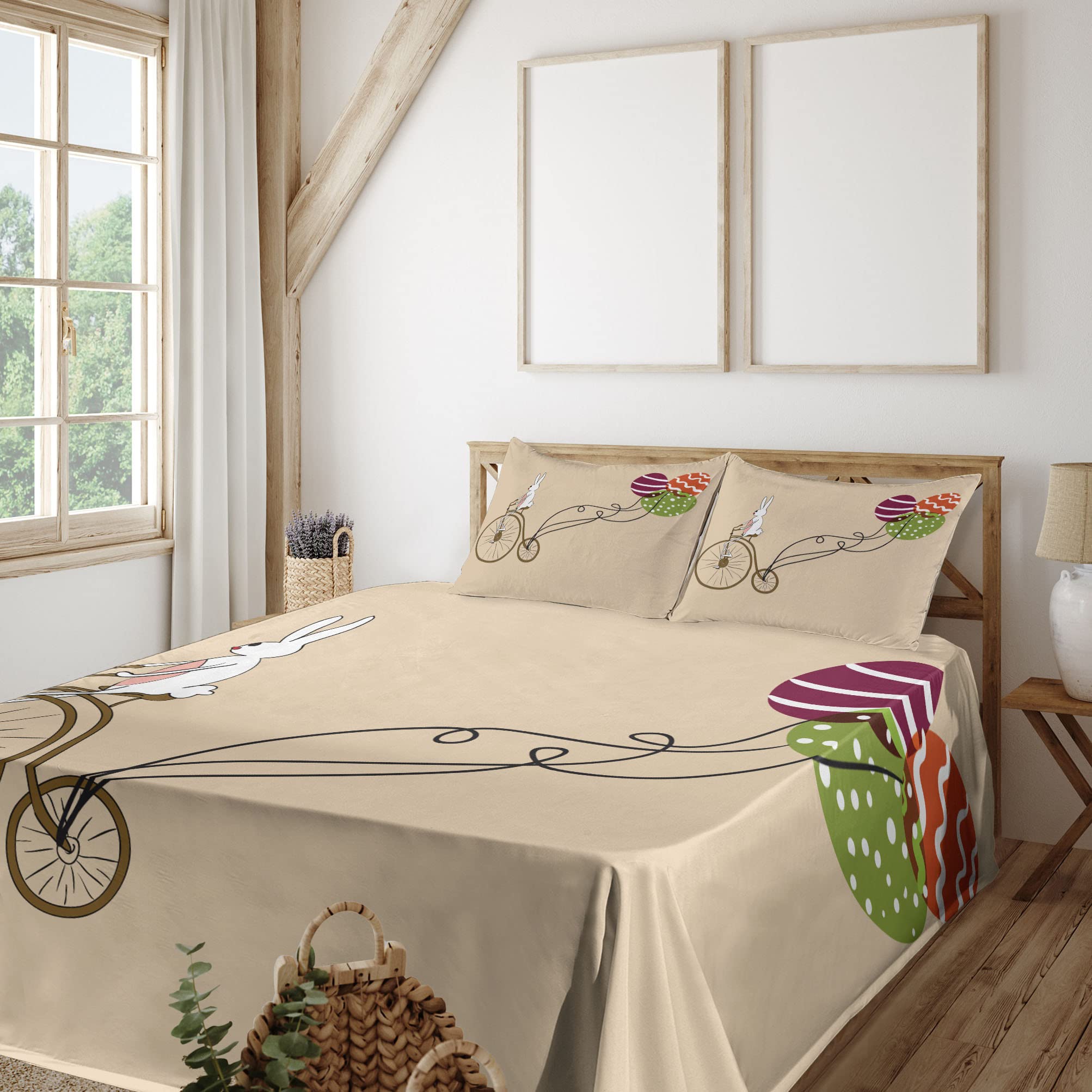 Ambesonne Easter Bunny on Retro Bike 4-Piece Sheet Set - Full Size Beige & Purple Cartoon Print Bedding with Fitted Sheet, Flat Sheet & Pillowcases - Perfect for Easter Decorations, Spring Bedroom Makeover & Holiday Gift Giving