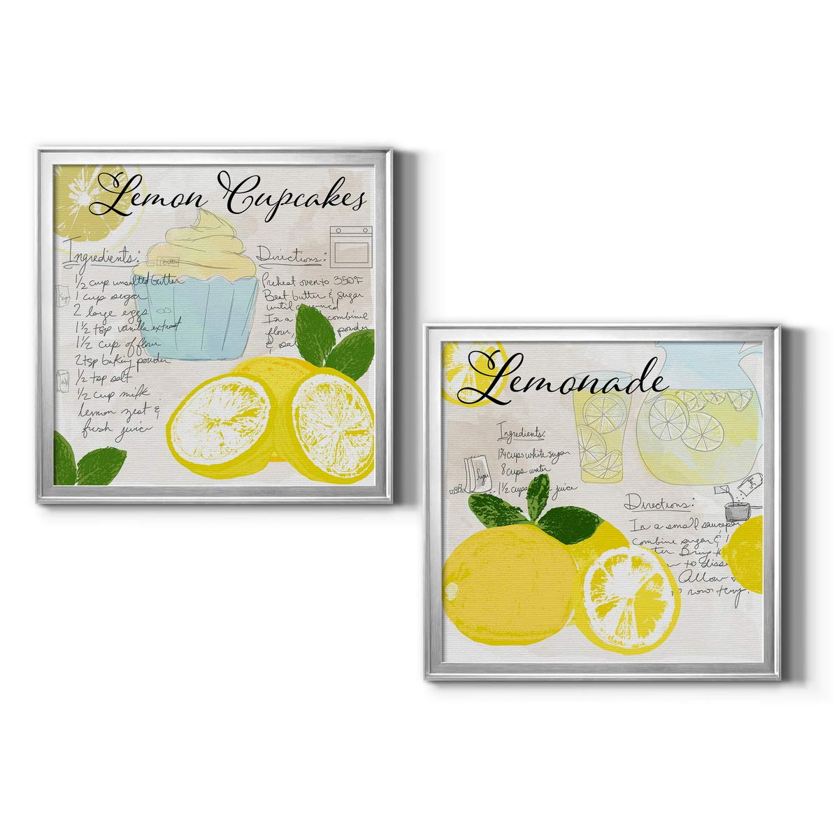 Silver Framed Lemon Cupcakes Canvas Wall Art - Modern Contemporary Rustic Romantic Industrial Wall Décor - Ready to Hang 22x22 Inches - Perfect for Kitchen, Dining Room & Home Office Decor