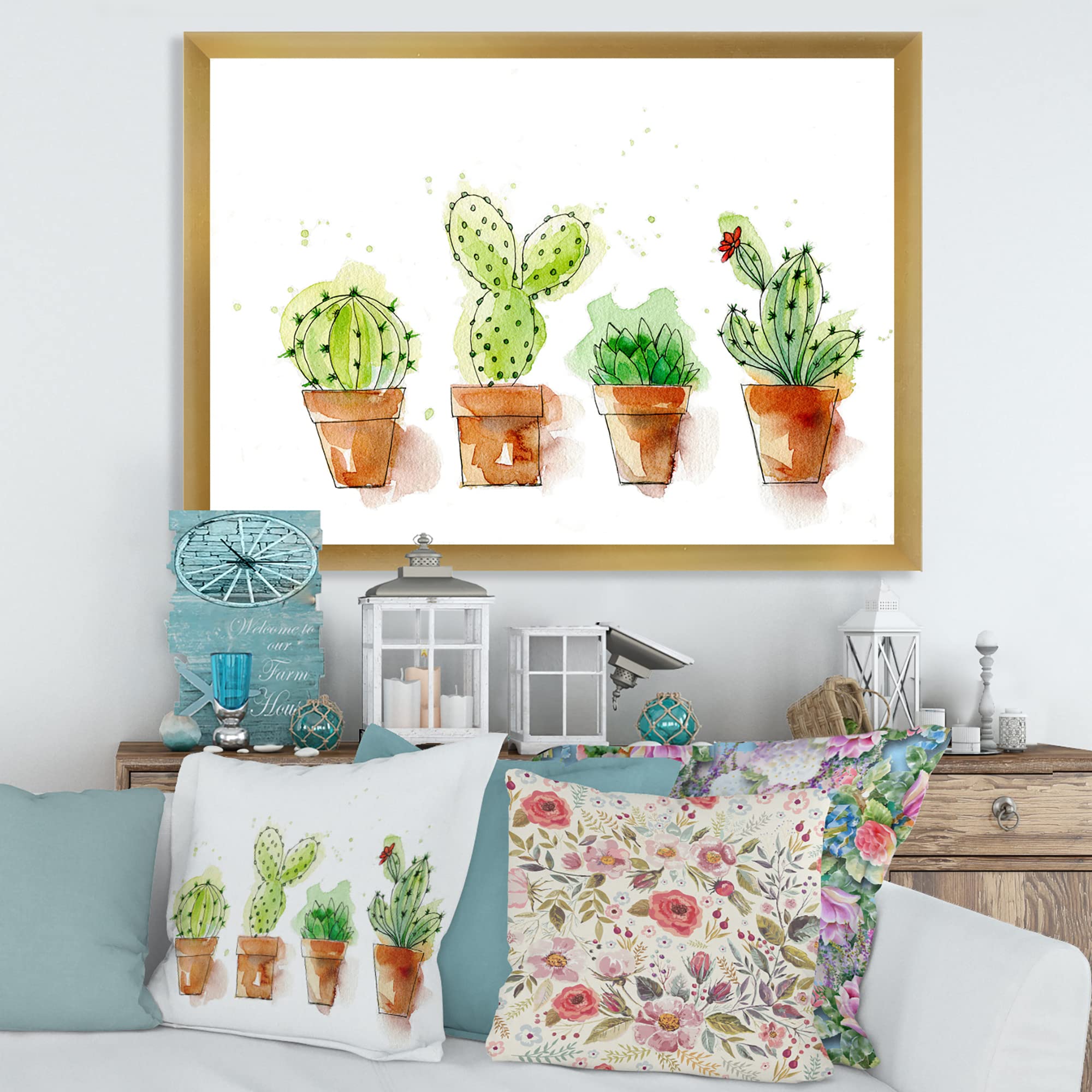 DesignQ Cacti in Ceramic Pots - Traditional Framed Wall Art for Living Room, Bedroom & Office Decor | Gentle Tone Desert Plant Painting