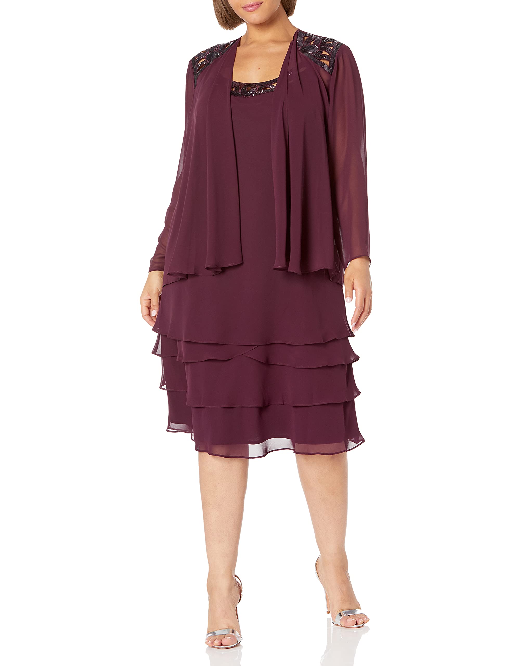 Women's Plus Size Embellished Shoulder Chiffon Tiered Jacket - Elegant Mother of The Bride Dress for Weddings, Parties & Special Occasions | S.L. Fashions