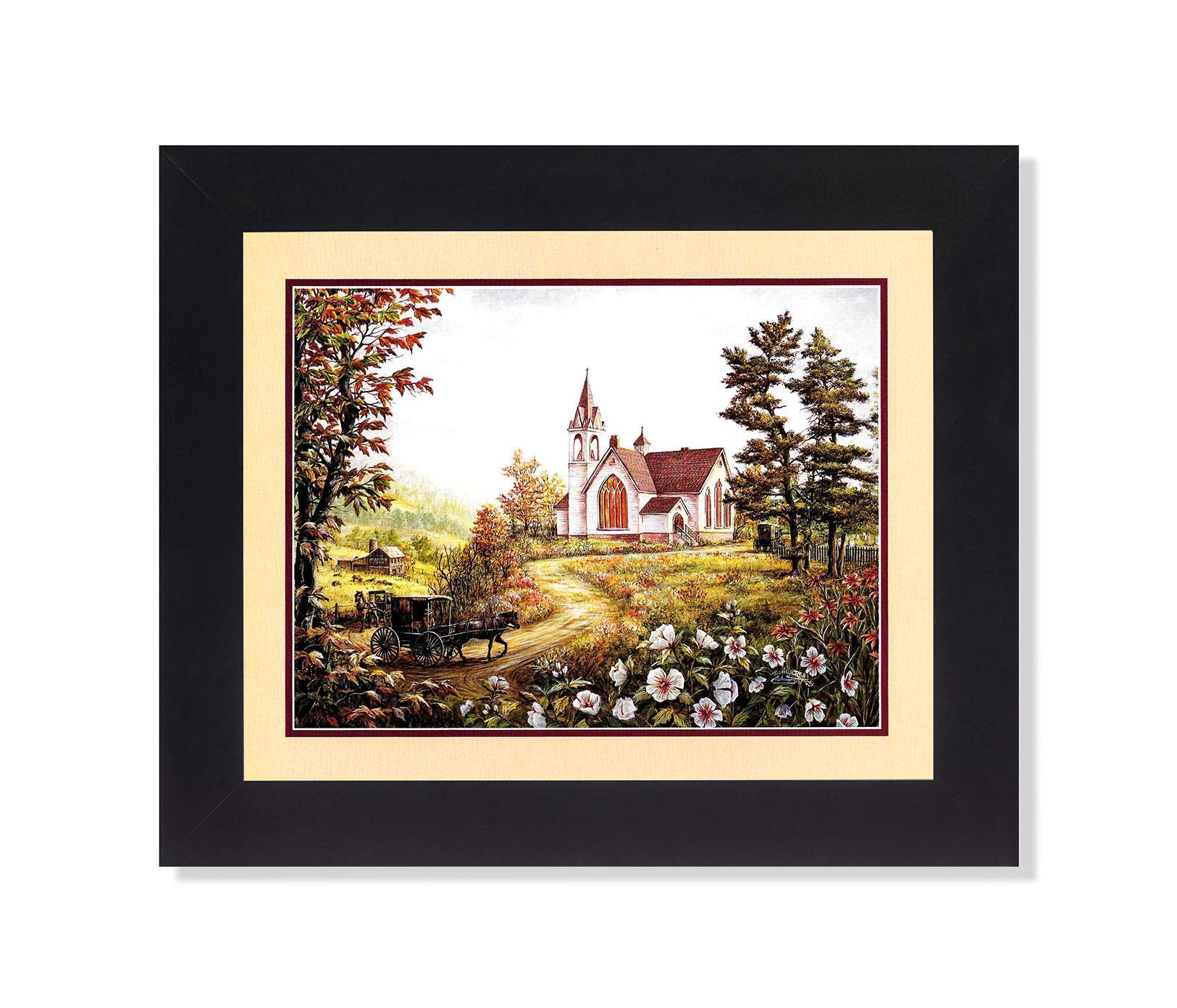 Vintage Country Landscape Wall Art Print - Old Church Horse Buggy Flowers Framed 8x10 Picture (Black) | Perfect for Farmhouse, Rustic & Country Home Decor