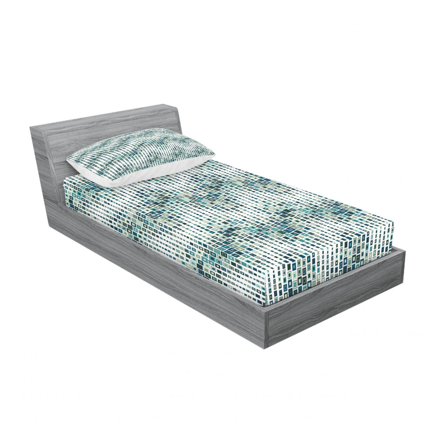 Ambesonne Geometric 2-Pack Twin XL Fitted Sheet & Pillow Sham Set - Wave Square Pattern, 4-Piece Bedding Set (2 Fitted Sheets & 2 Pillow Covers) in White & Blue - Perfect for Dorm Rooms, Guest Beds & Modern Home Decor