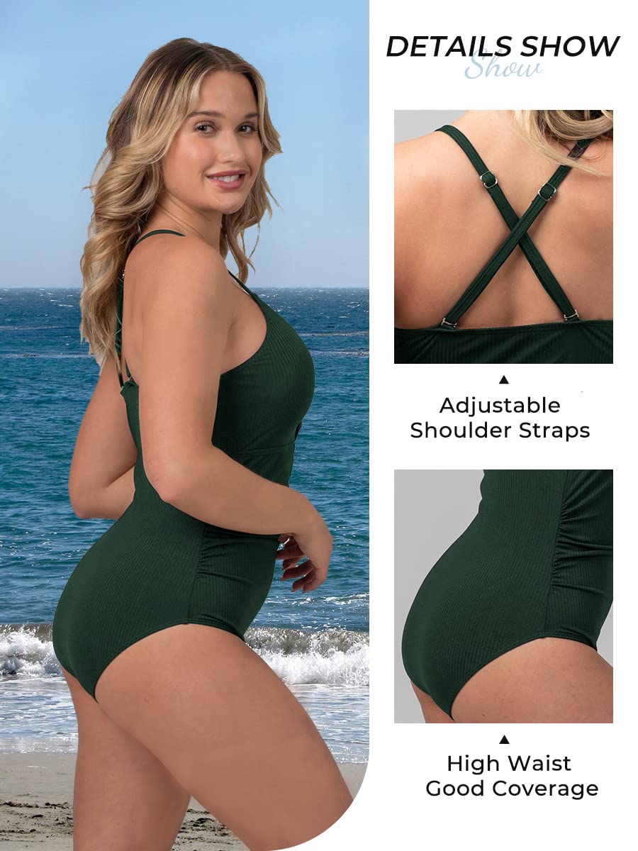 Women's Ribbed One Piece Swimwear - Tummy Control Retro Bathing Suit for Beach & Pool