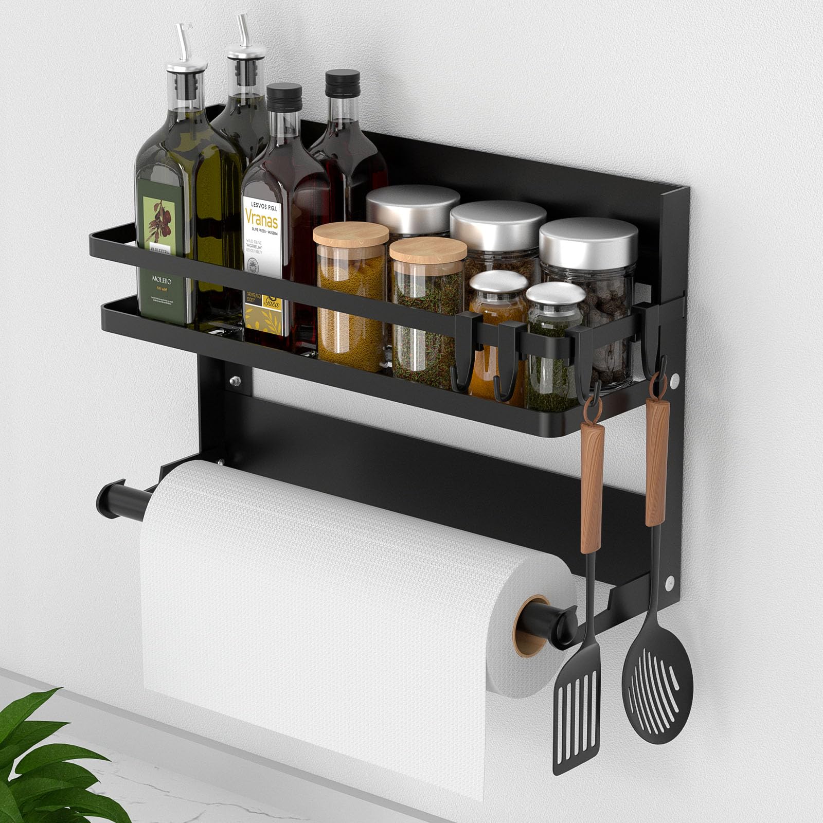 DUNSOO Spice Rack Wall Mount with Kitchen Roll Holder & 4 Hooks, No-Drill Stainless Steel Shelf for Kitchen & Bathroom Organization, Black – Perfect for Small Spaces and Modern Homes