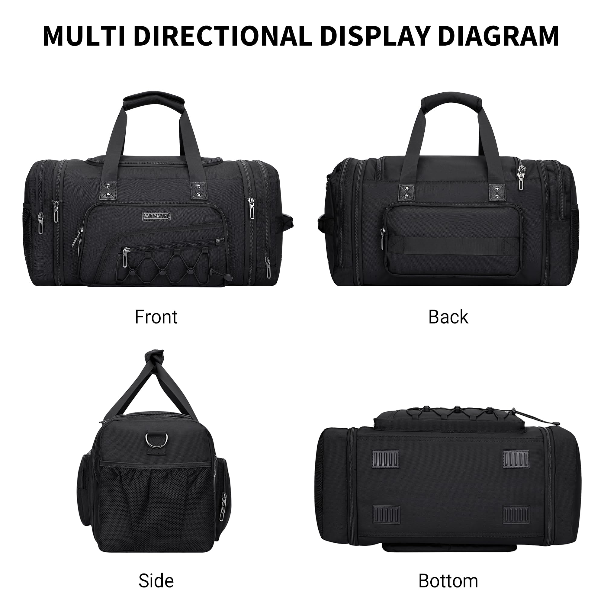 WITZMAN Men's Large Nylon Duffle Bag - Expandable Gym Weekender with Shoe Compartment, Carry On Overnight Bag (B695 Black) - Perfect for Travel, Workout & Weekend Getaways