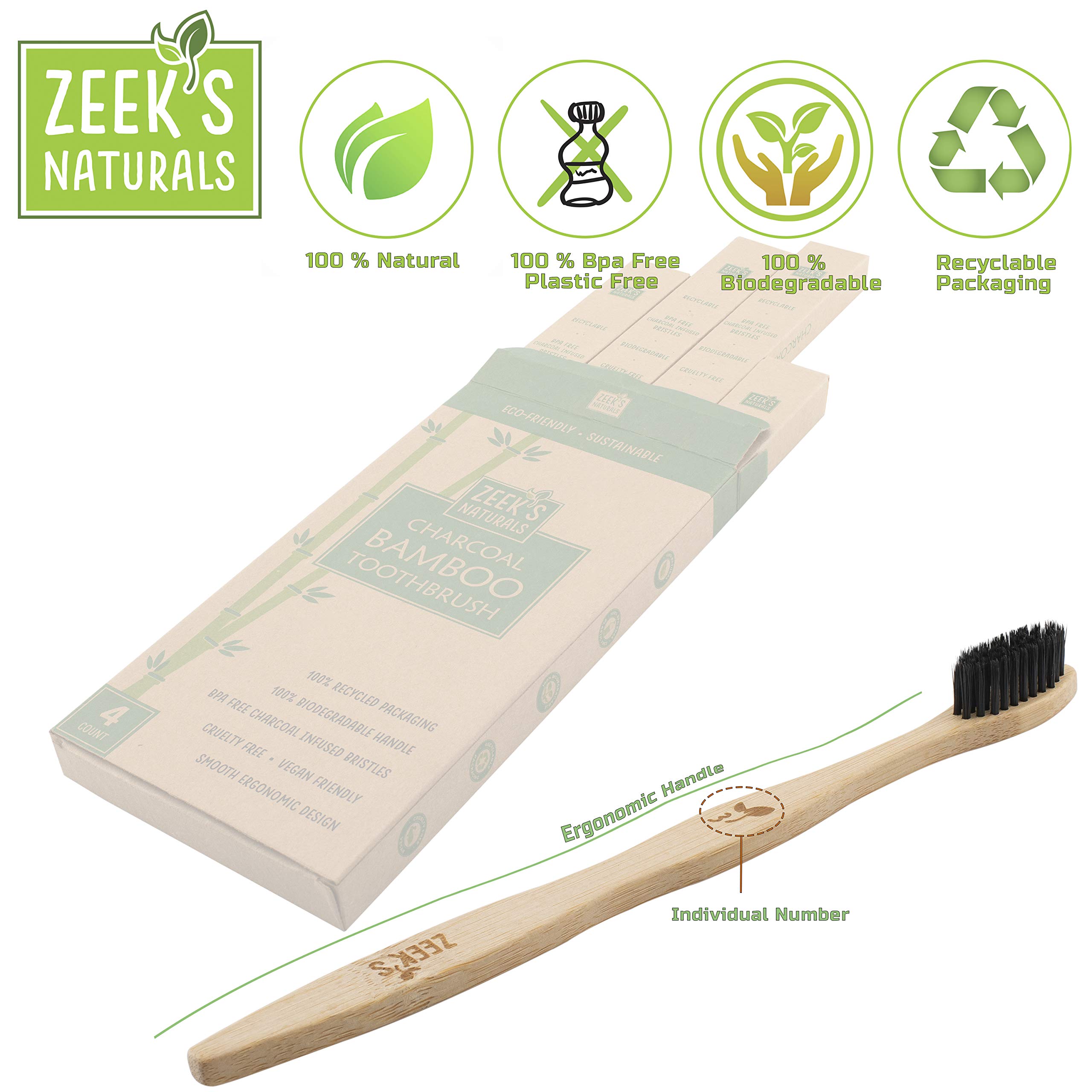 Eco-Friendly Natural Bamboo Charcoal Toothbrushes with Activated Charcoal Bristles - 4 Pack Numbered Set - Biodegradable & Sustainable for Travel, Home & Zero Waste Lifestyle