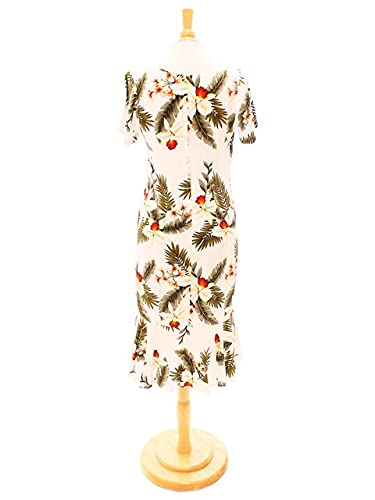 Hawaiian Orchid Print White Rayon Short Sleeve Midi Dress for Women | Tropical Vacation Outfit, Beach Party, Summer Casual Wear