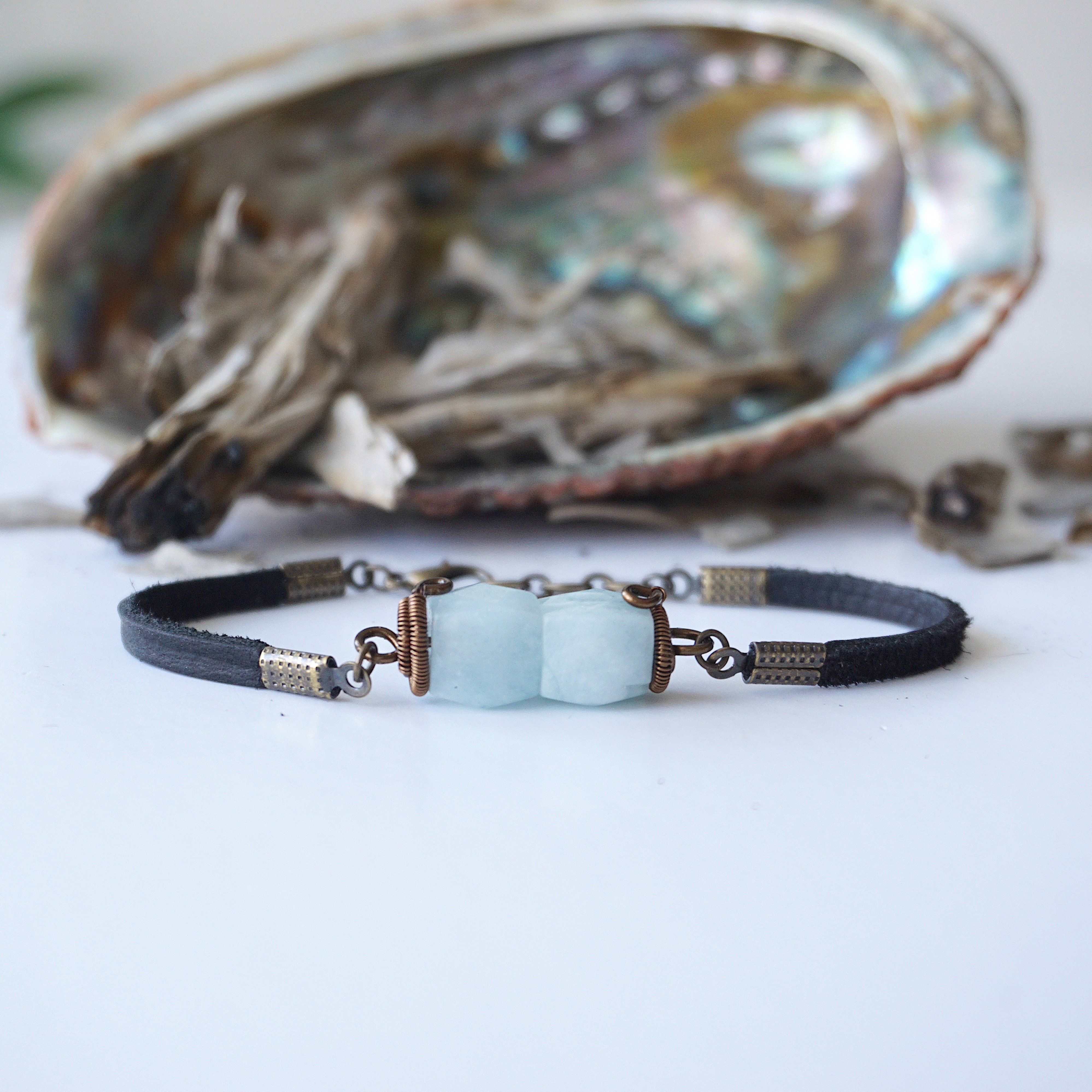 Elegant Aquamarine Bracelet with Black Leather Cord - Perfect for Casual Wear, Gifts & Boho Style Jewelry