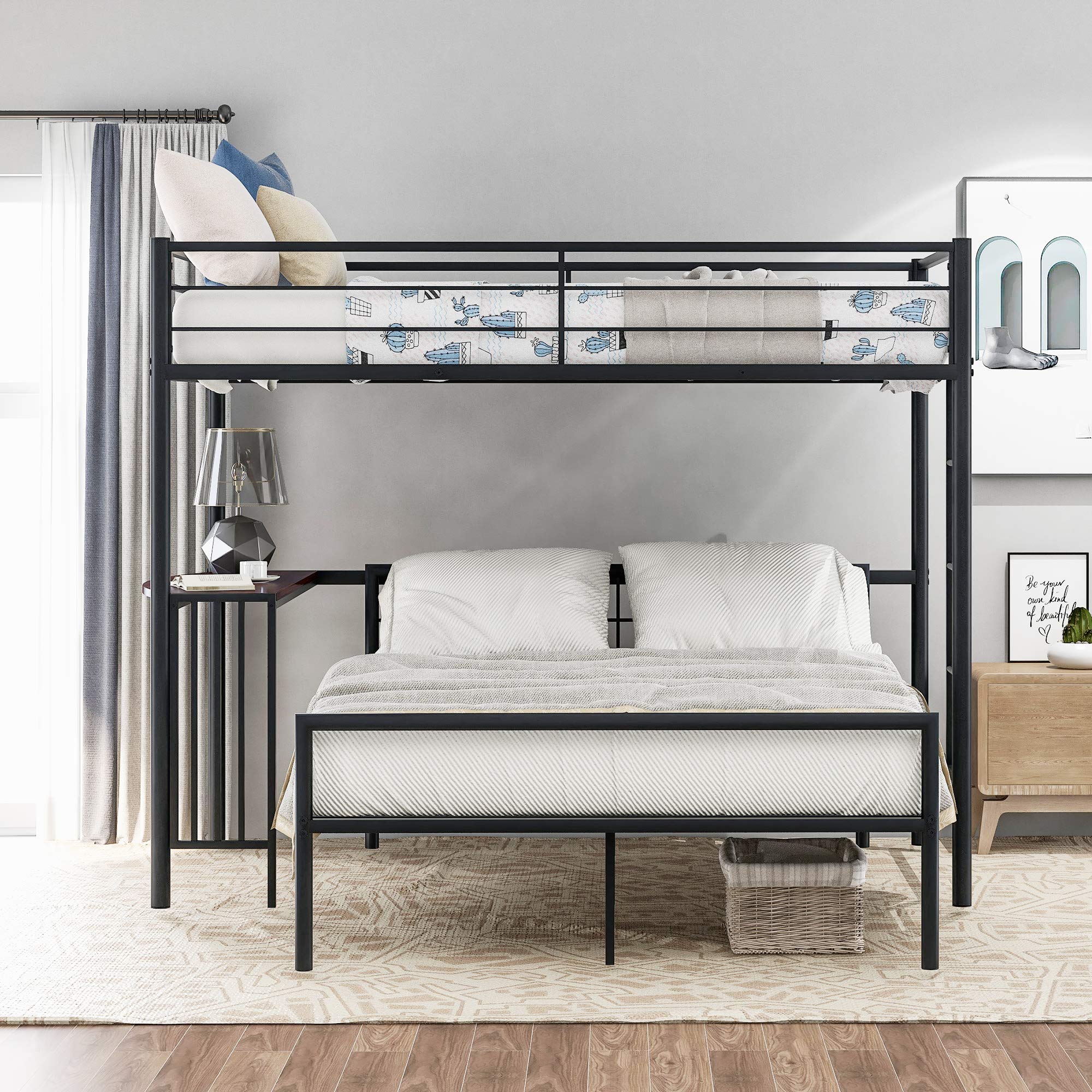 P PURLOVE Twin-Over-Full Bunk Bed - Sturdy Metal Bunk Bed Frame with Full Size Lower Platform, Built-in Ladder & Safety Guard Rails - Easy Assembly for Kids, Teens & Adults - Perfect for Small Bedrooms, Guest Rooms & Vacation Homes