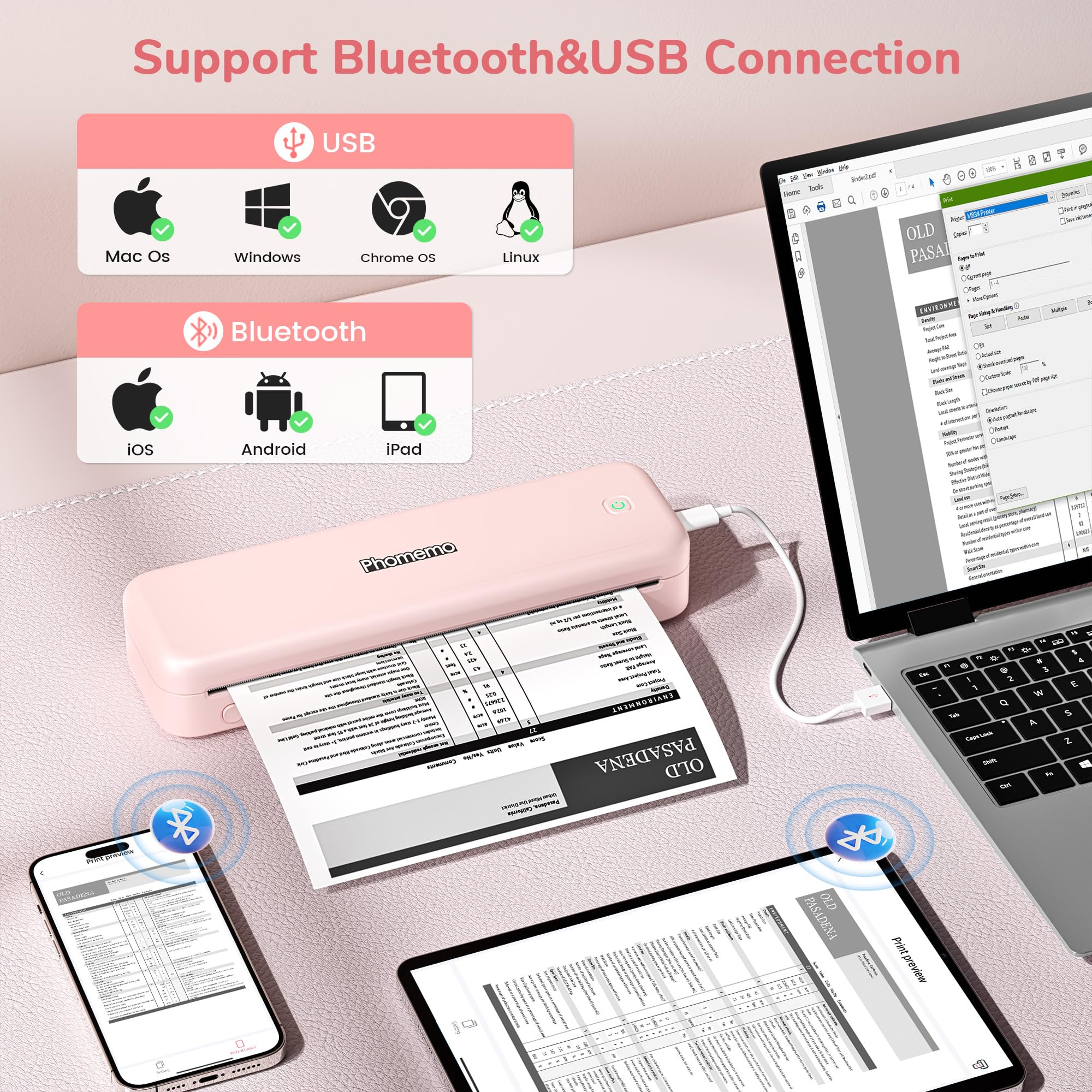 Phomemo M834 Bluetooth Thermal Printer - Wireless Portable Inkless Printer for Travel, Office & Home, 8.5x11 & A4 Size, Pink (with Carry Case) | Perfect for Printing Receipts, Labels, Photos & Documents On-The-Go