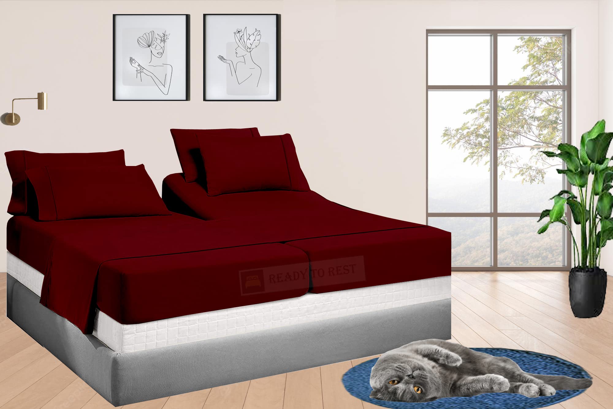 5-Piece Split King Sheet Set for Adjustable Beds - 100% Cotton 400 Thread Count Deep Pocket Sheets (Burgundy) - Perfect for Adjustable Beds, Sleep Number & Split King Mattresses - Soft Breathable Bedding for Comfortable Sleep