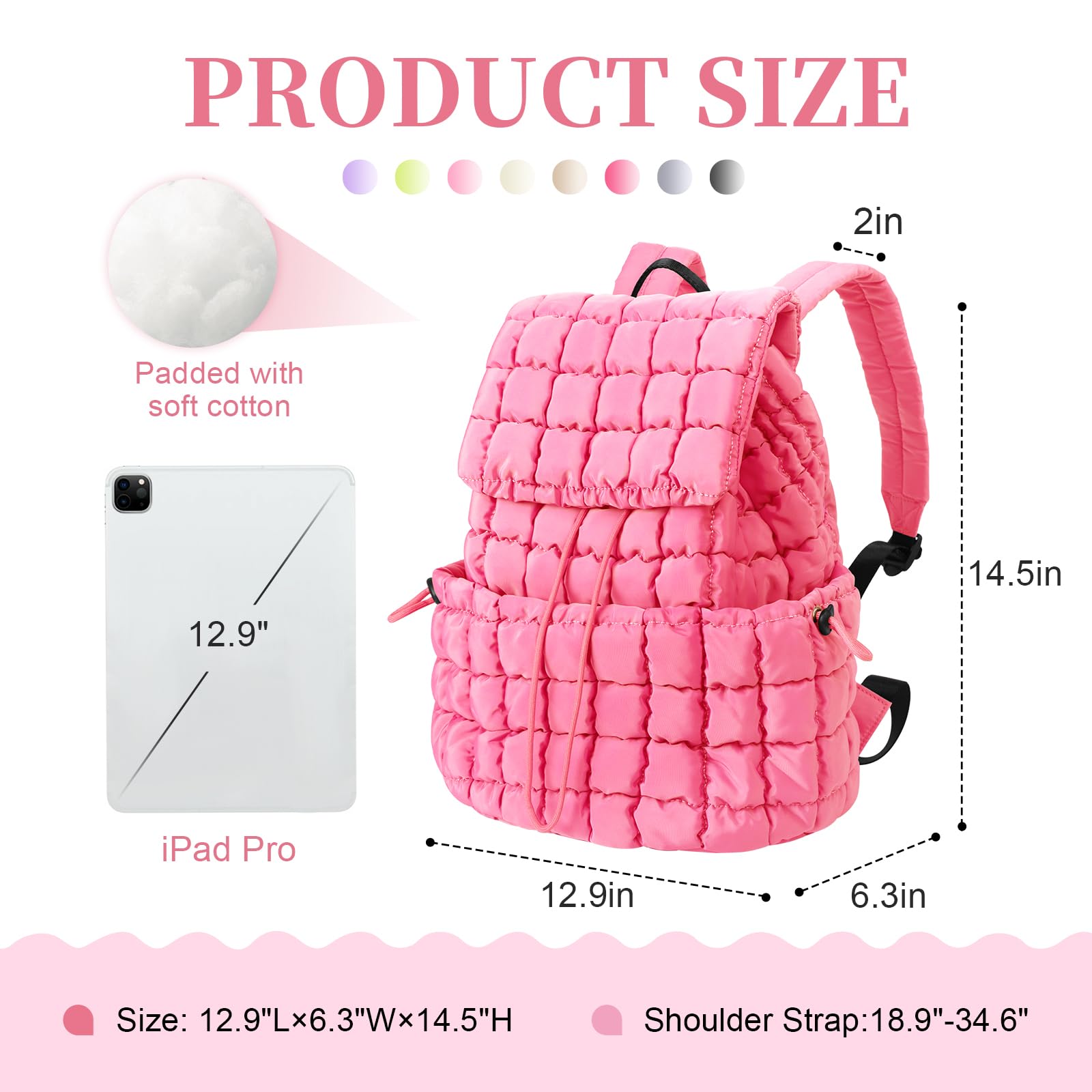 Iqimott Quilted Puffer Backpack for Women - Stylish Nylon Casual Daypack, Lightweight Hiking & Gym Bag with Adjustable Drawstring - Perfect for Travel, School & Outdoor Activities (Pink)