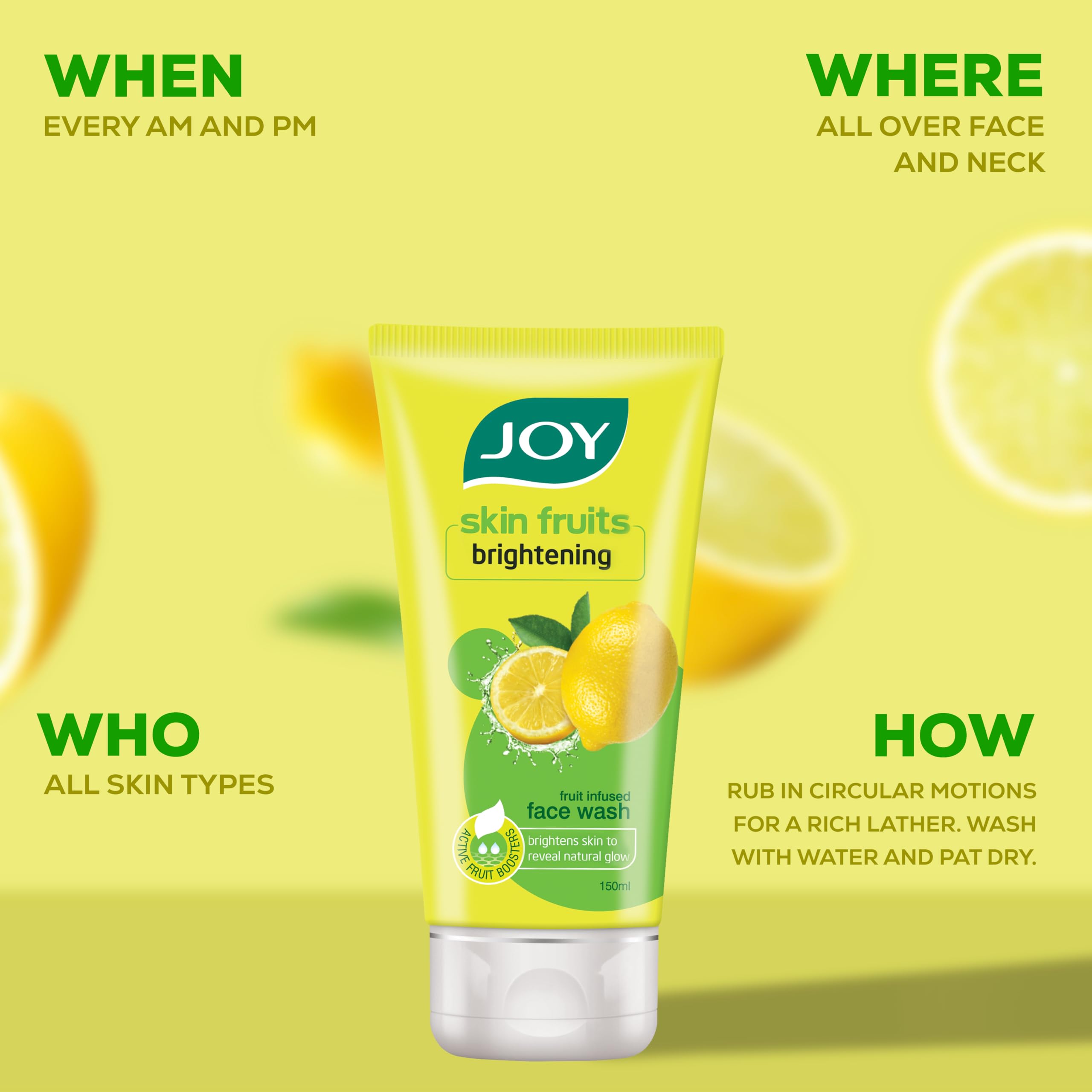 Joy Skin Fruits Lemon Brightening Face Wash 150ml - Vitamin C Cleanser for Glowing Skin, Reduces Dark Spots & Oil Control | Gentle Foaming Facial Wash for Normal to Oily Skin | Perfect for Morning & Night Skincare Routine