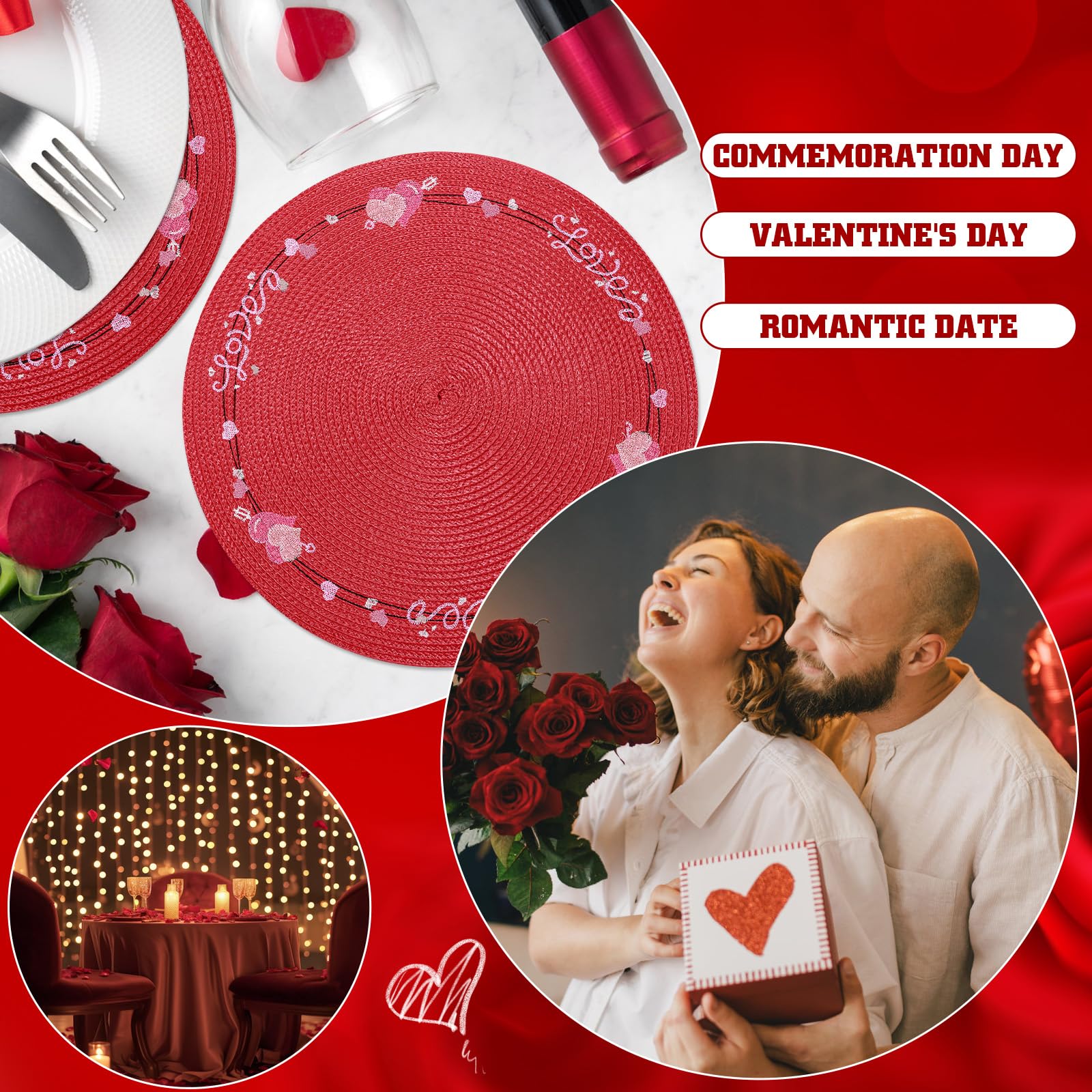 6-Piece Heart-Shaped Placemats Set - Red Round Table Decor for Weddings, Mother's Day & Farmhouse Dining | Indoor Kitchen Decorations for Parties & Everyday Use