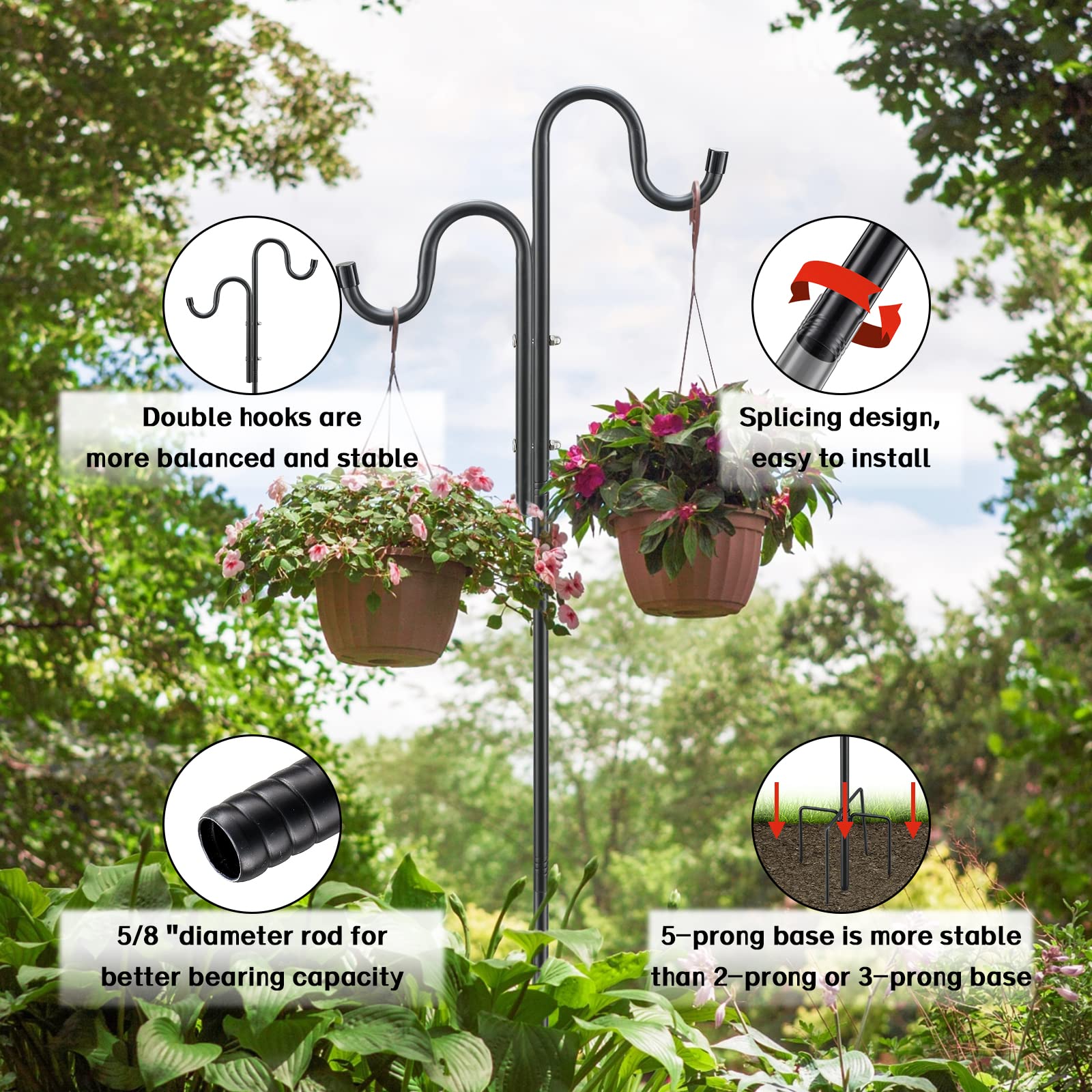 92-inch Heavy Duty Stainless Steel Double Shepherd Hooks for Outdoor Bird Feeders - 5-Prong Base for Wind Chimes, Solar Lights & Wedding Decor | Perfect for Garden, Patio & Backyard Decoration