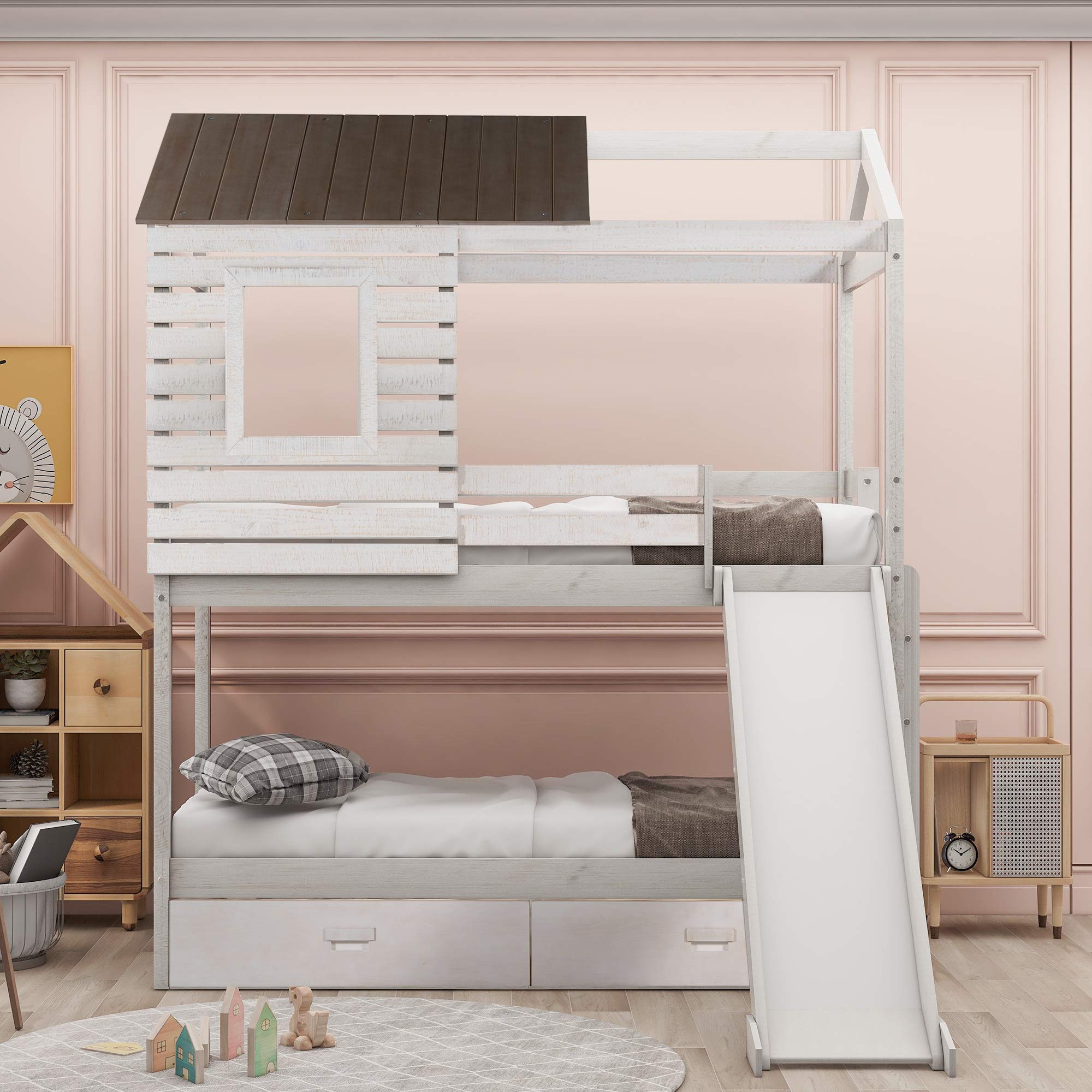 Twin Over Twin Bunk Bed with Roof, Window & Slide for Kids & Teens - Low Toddler Wooden Bunk Bed with 2 Storage Drawers, No Box Spring Needed - Perfect for Small Bedrooms, Playrooms & Sleepovers