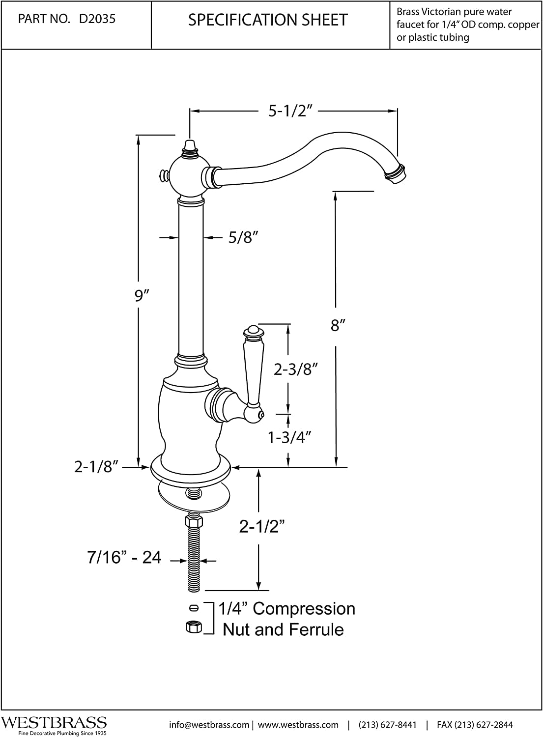 Westbrass D2035-NL-05 9 Inch Victorian Style Single Lever Cold Water Dispenser Faucet in Polished Nickel Finish - Perfect for Kitchen Sink, Bar, or Office Water Cooler Installation