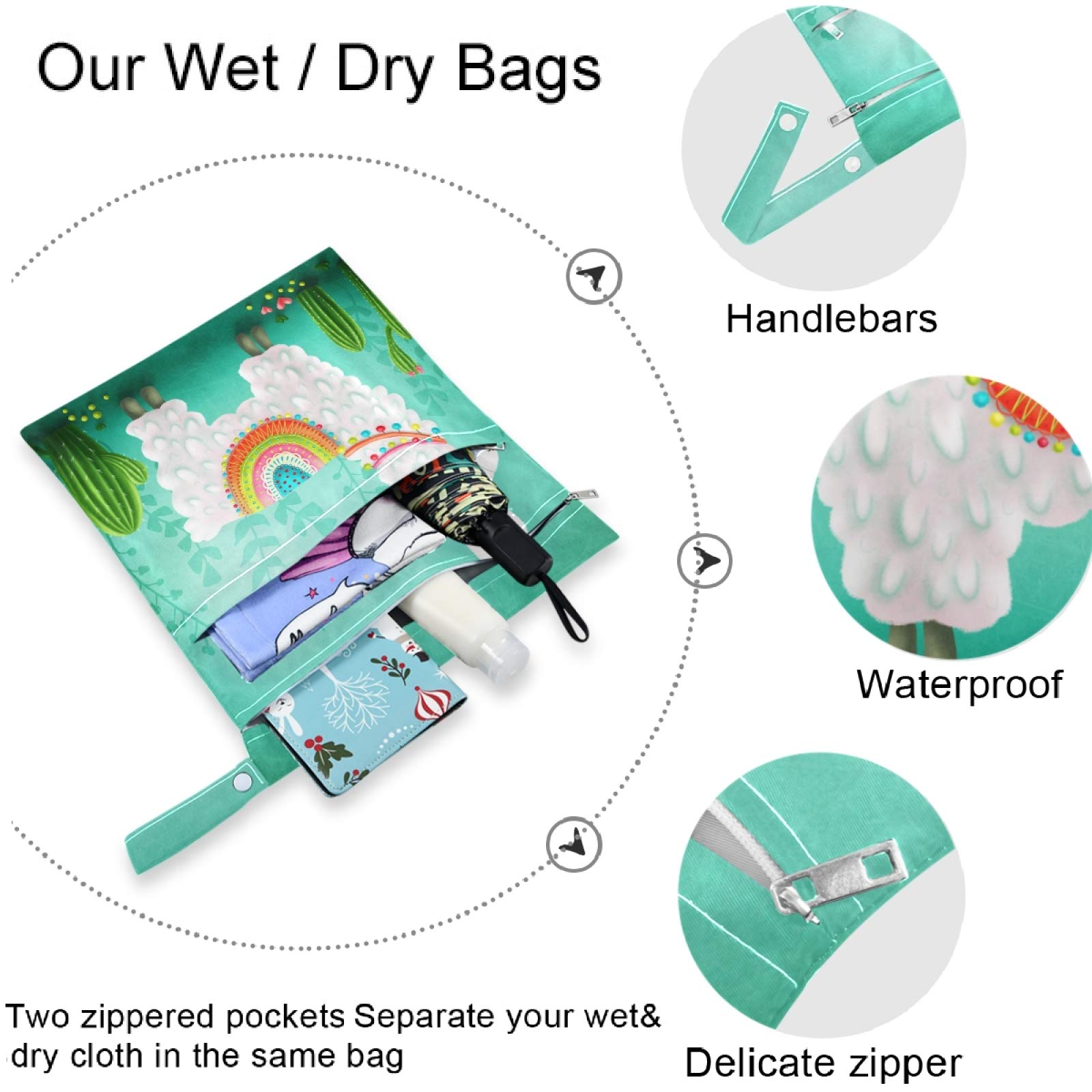 Visesunny 2-Pack Cute Llama Wet Bags with Zippered Pockets - Reusable & Washable Waterproof Storage for Travel, Beach, Pool, Gym | Perfect for Diapers, Swimsuits, Toiletries & Dirty Clothes | Daycare, Stroller & Sports Essentials
