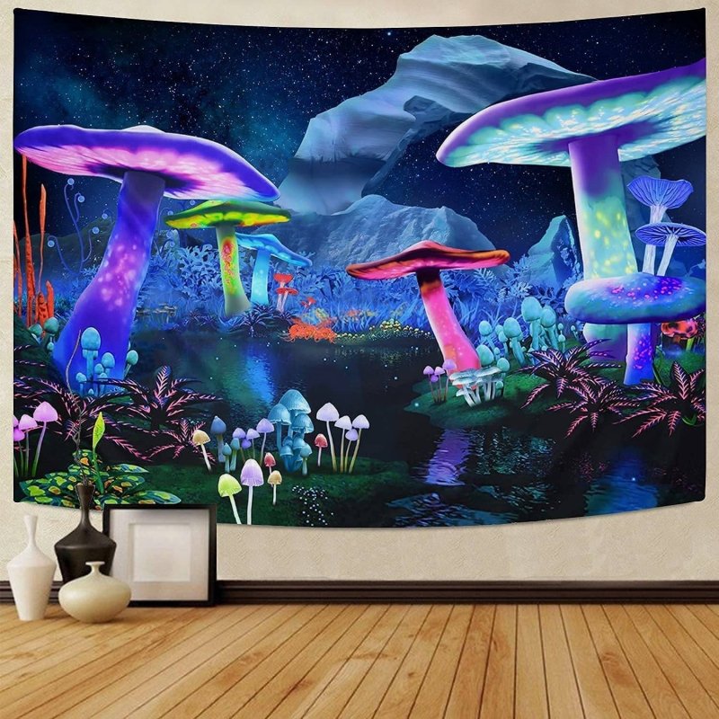 Big Mushrooms Official Glow in the Dark Tapestry - UV Reactive Wall Art Decor for Bedroom, Living Room & Festival Decorations