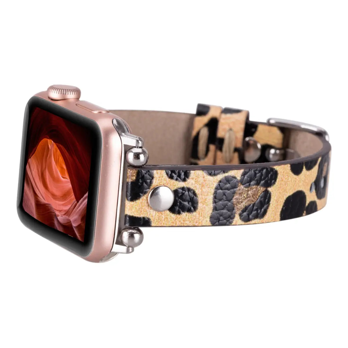 Leopard Print Genuine Leather Ultra Slim Apple Watch Band with Silver Rivets - Stylish & Durable Replacement Strap for Workouts, Office & Everyday Wear